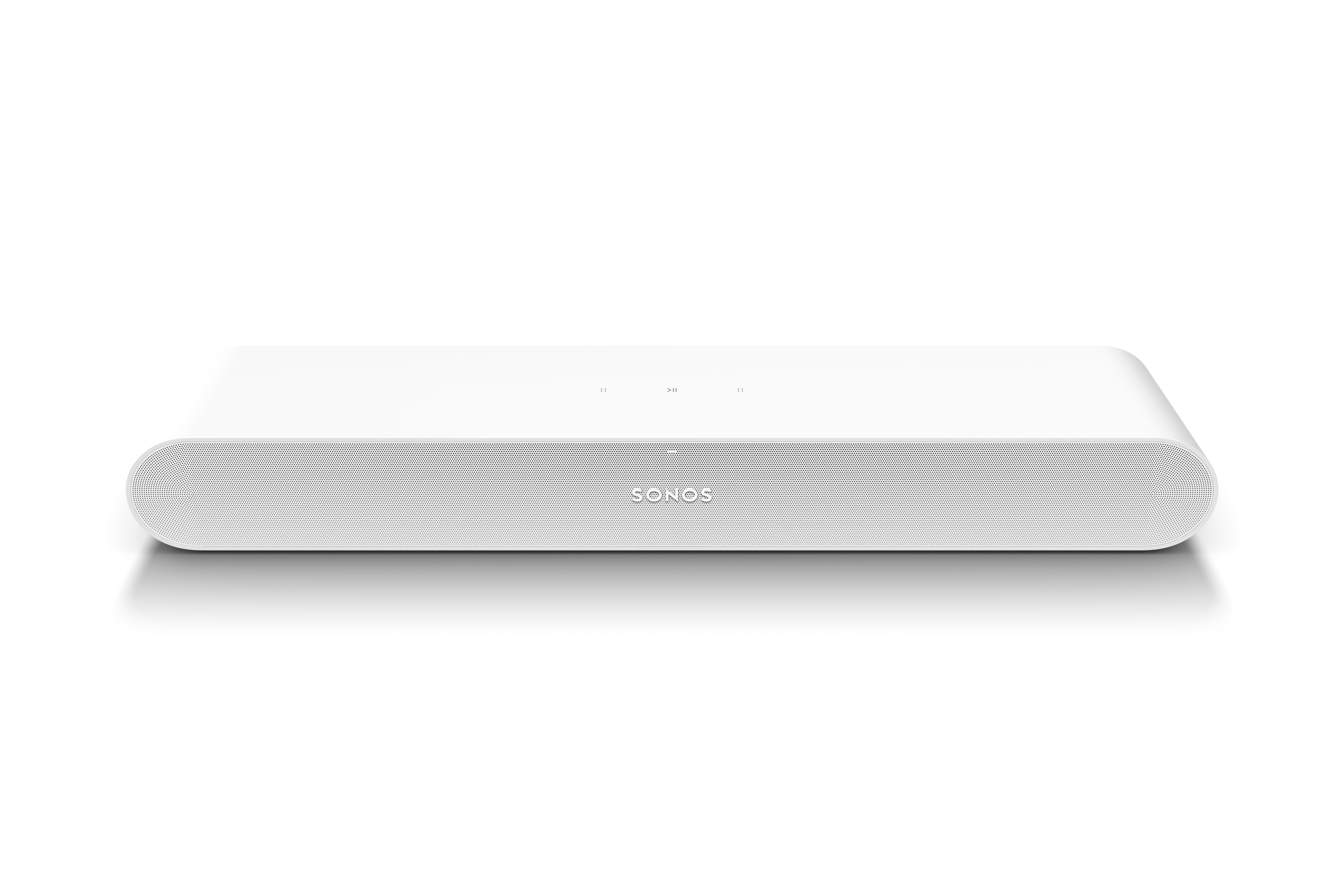 Weißer Sonos Soundbar auf weißem Hintergrund.