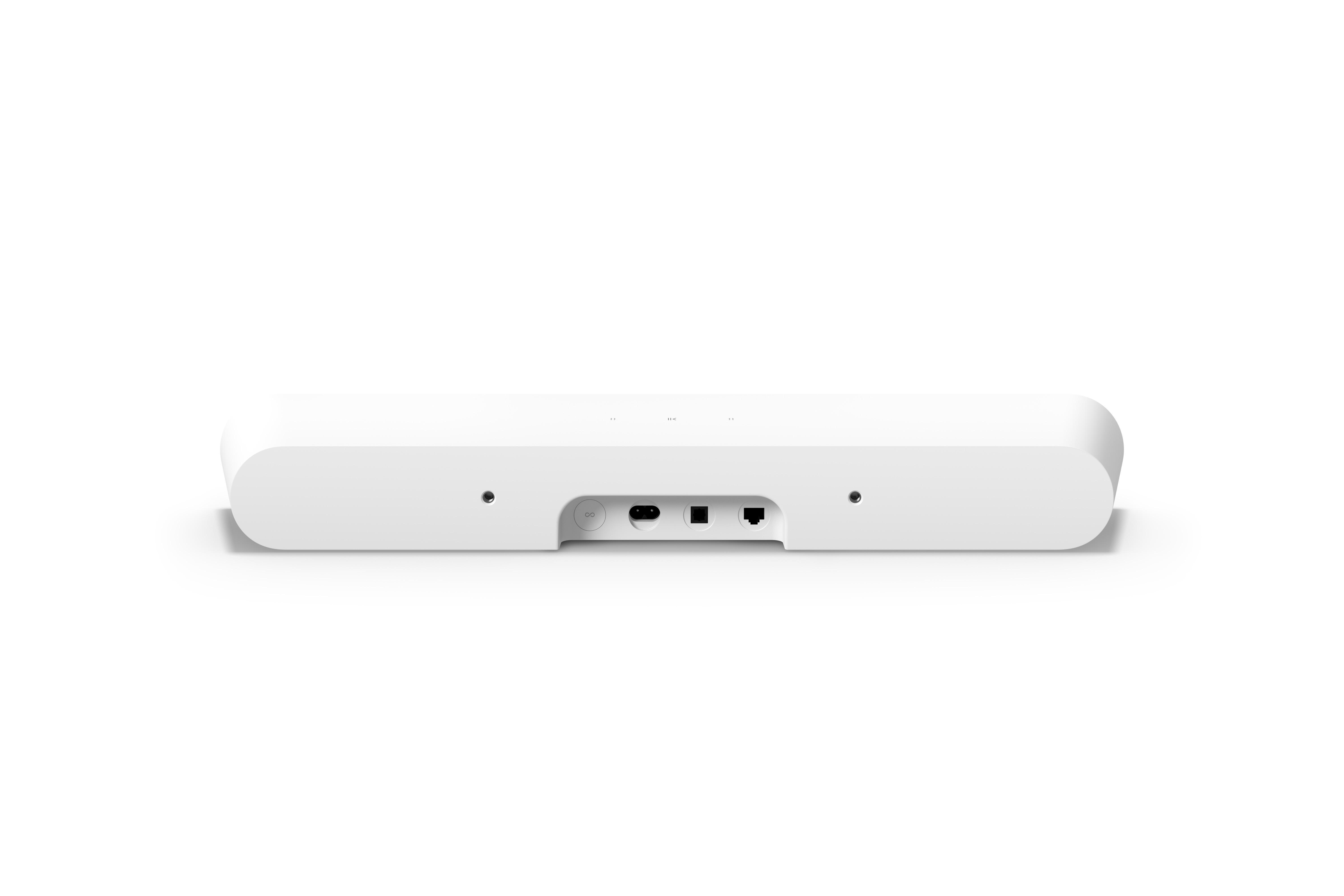Die Rückseite einer weißen Soundbar mit Anschlüssen.