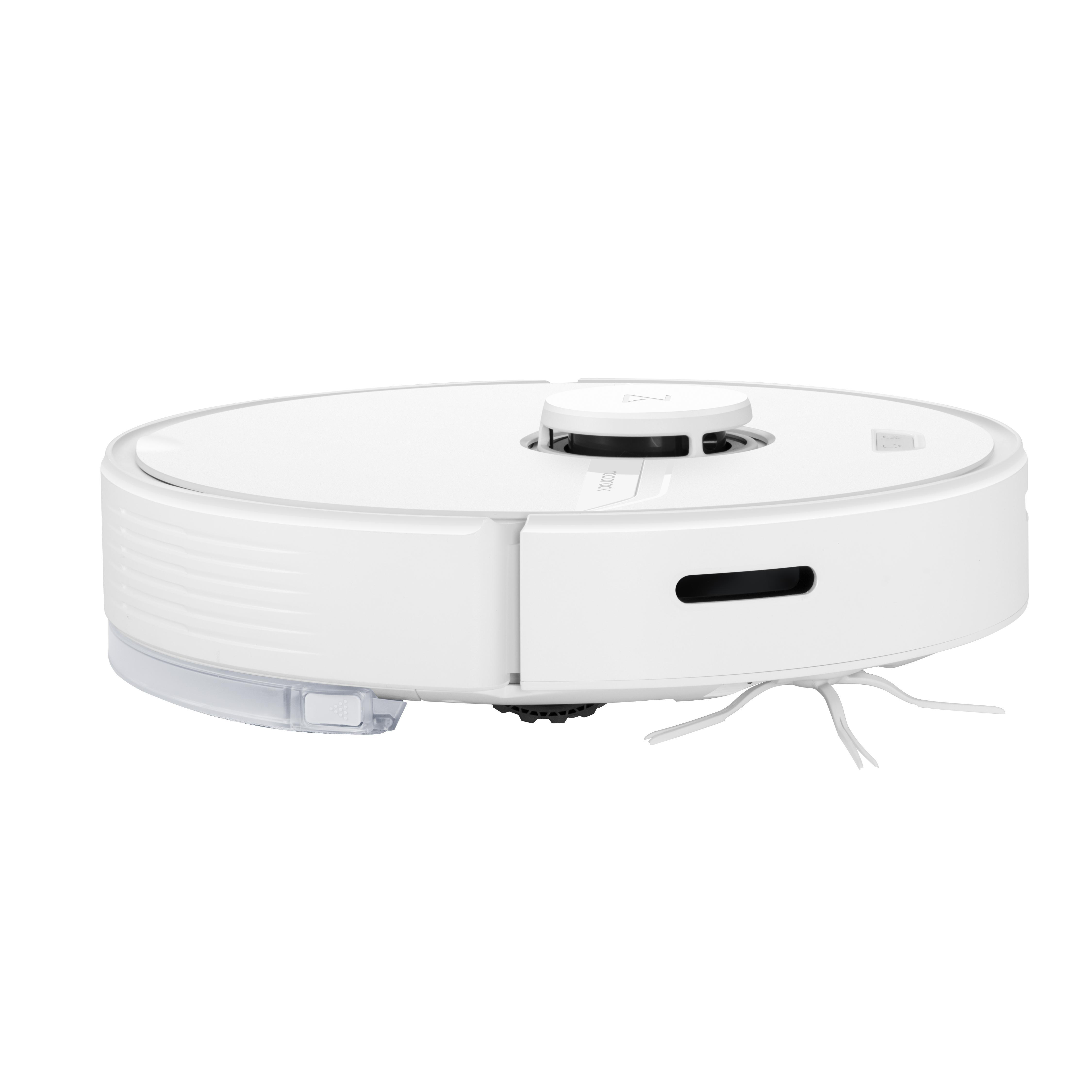 Weißer Roboter-Staubsauger mit kreisförmigem Design auf weißer Oberfläche.