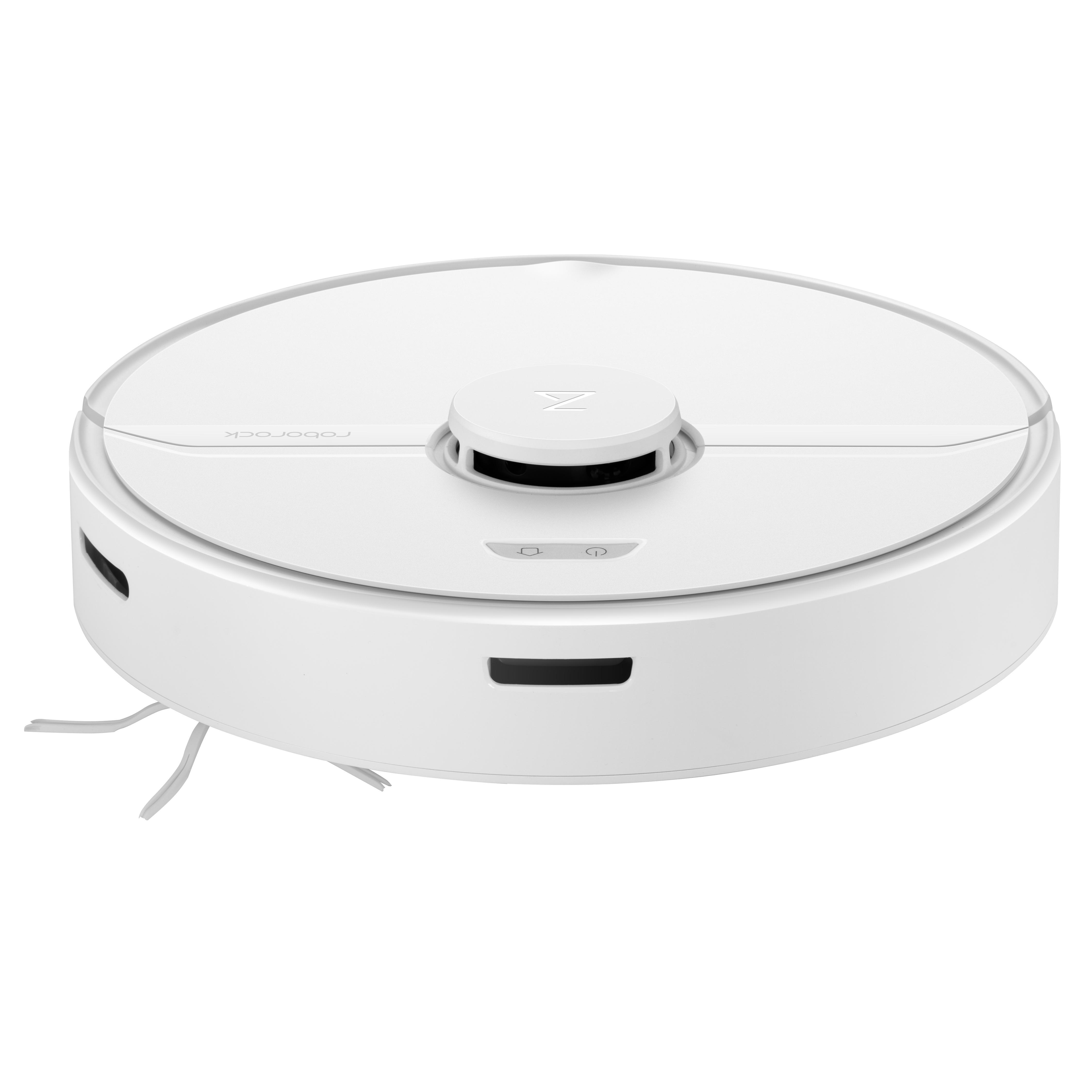 Ein weißer, runder Roboter-Staubsauger mit einem Knopf oben und einer Bürste.