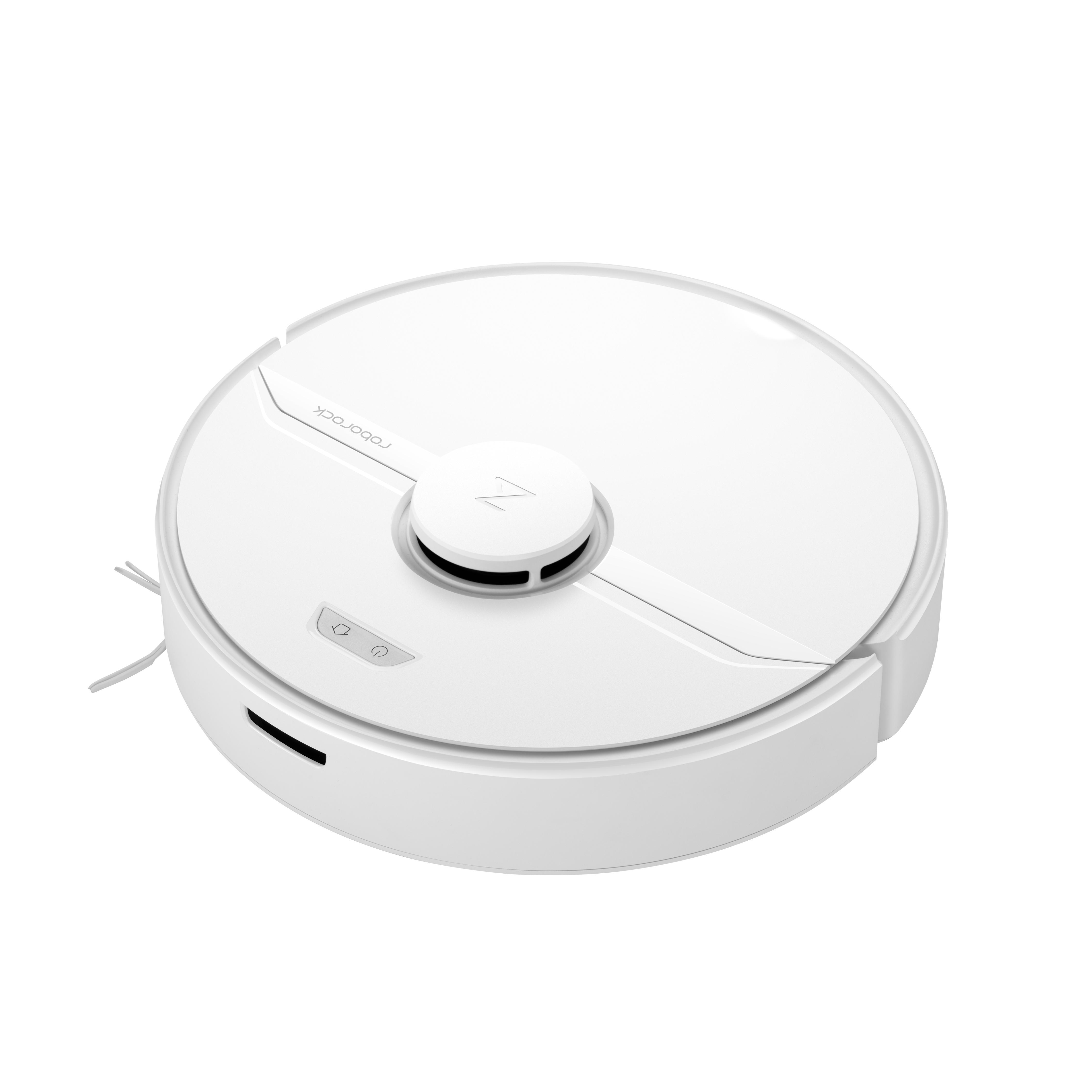 Ein weißer, kreisförmiger Roboter-Staubsauger. Er hat einen zentralen Knopf und zwei Seitenbürsten.