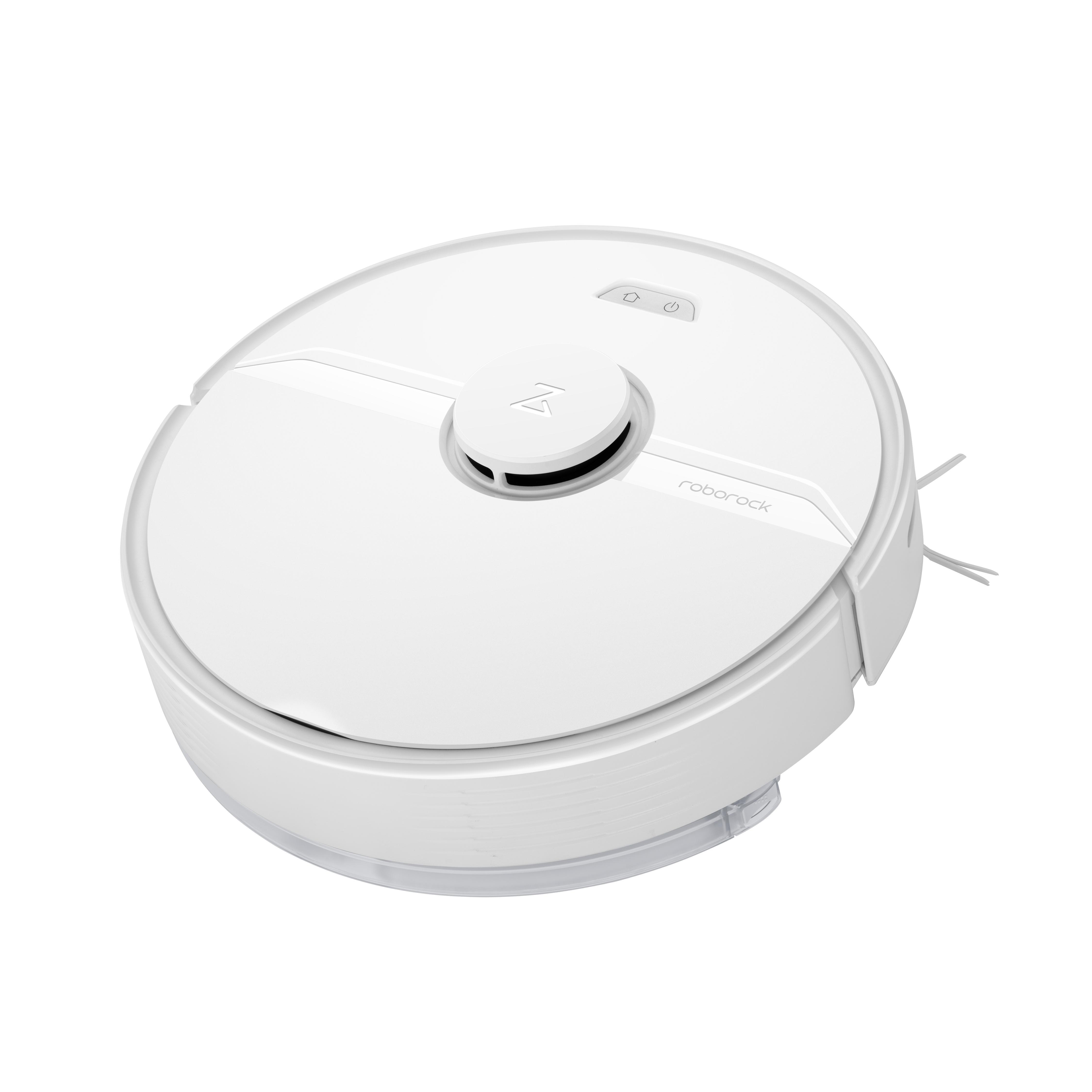 Ein weißer Roborock-Roboter-Staubsauger mit runder Form und einem Knopf oben.