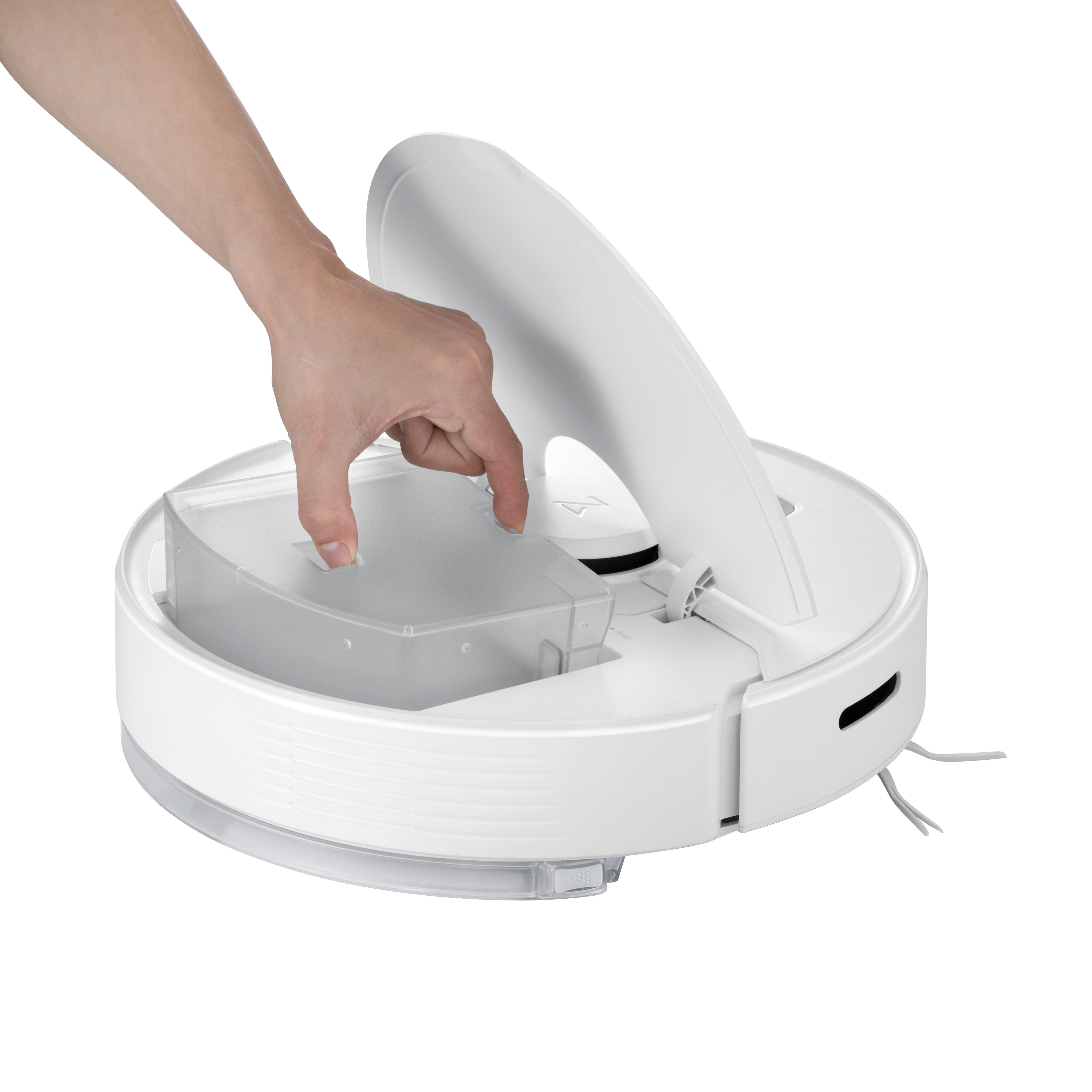 Eine Hand hebt einen weißen Roboter-Staubsaugerdeckel an. Der Staubsauger ist rund und weiß.