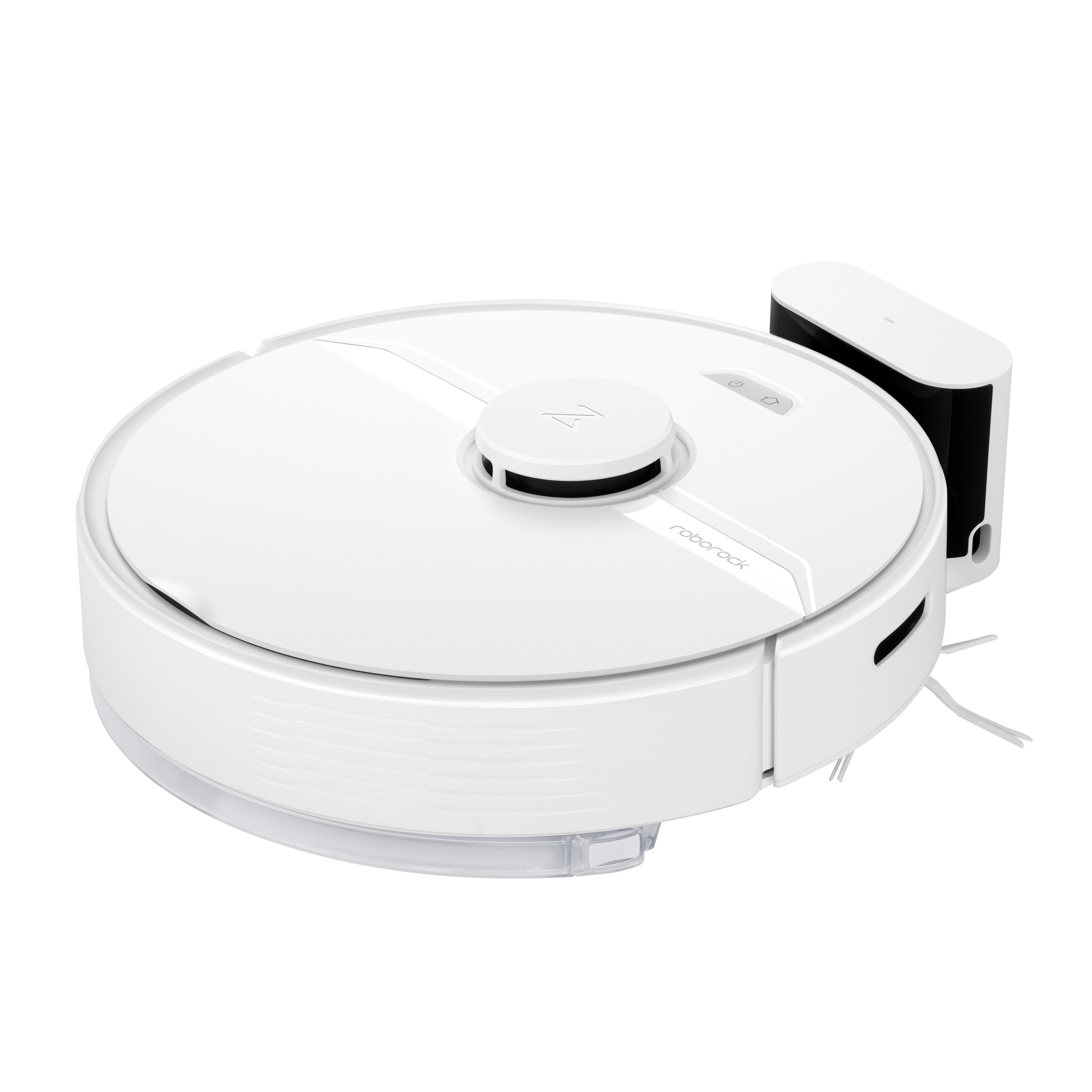 Weißer Roboter-Staubsauger mit Ladestation.