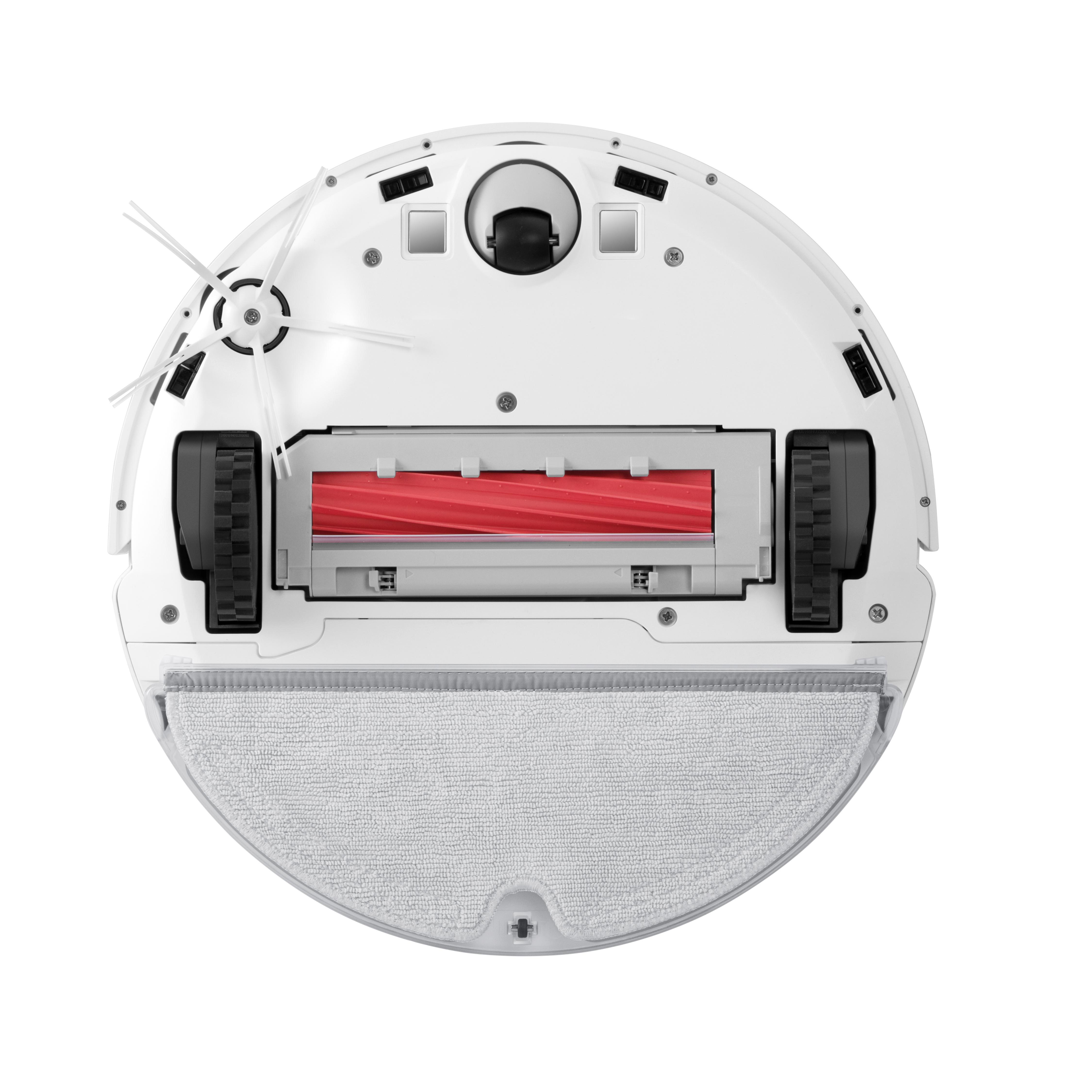 Weißer runder Roboter-Staubsauger mit roter Bürste. Die Unterseite des Staubsaugers ist sichtbar.