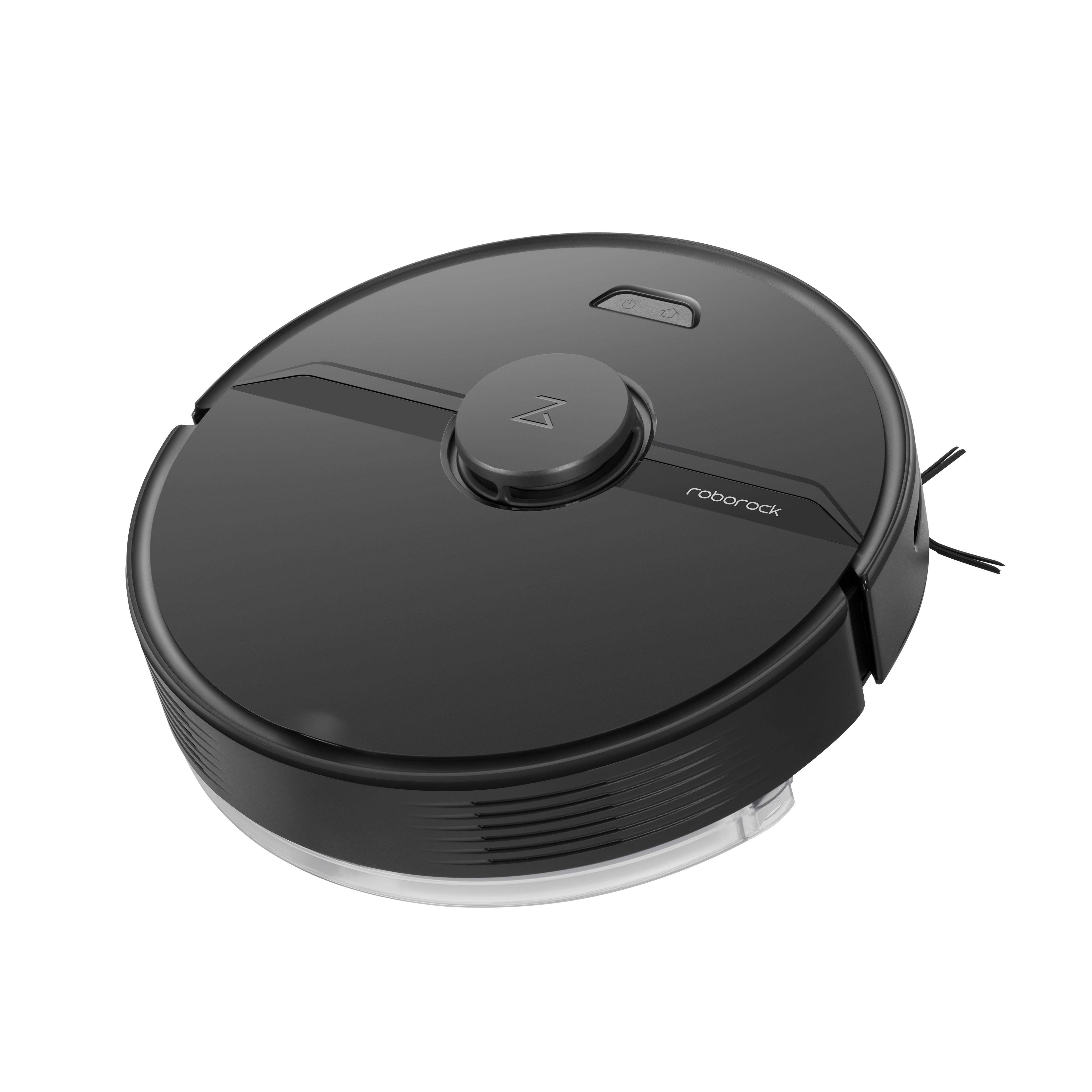 Schwarzer Roboter-Staubsauger. Draufsicht. Runde Form mit Knopf und Logo.