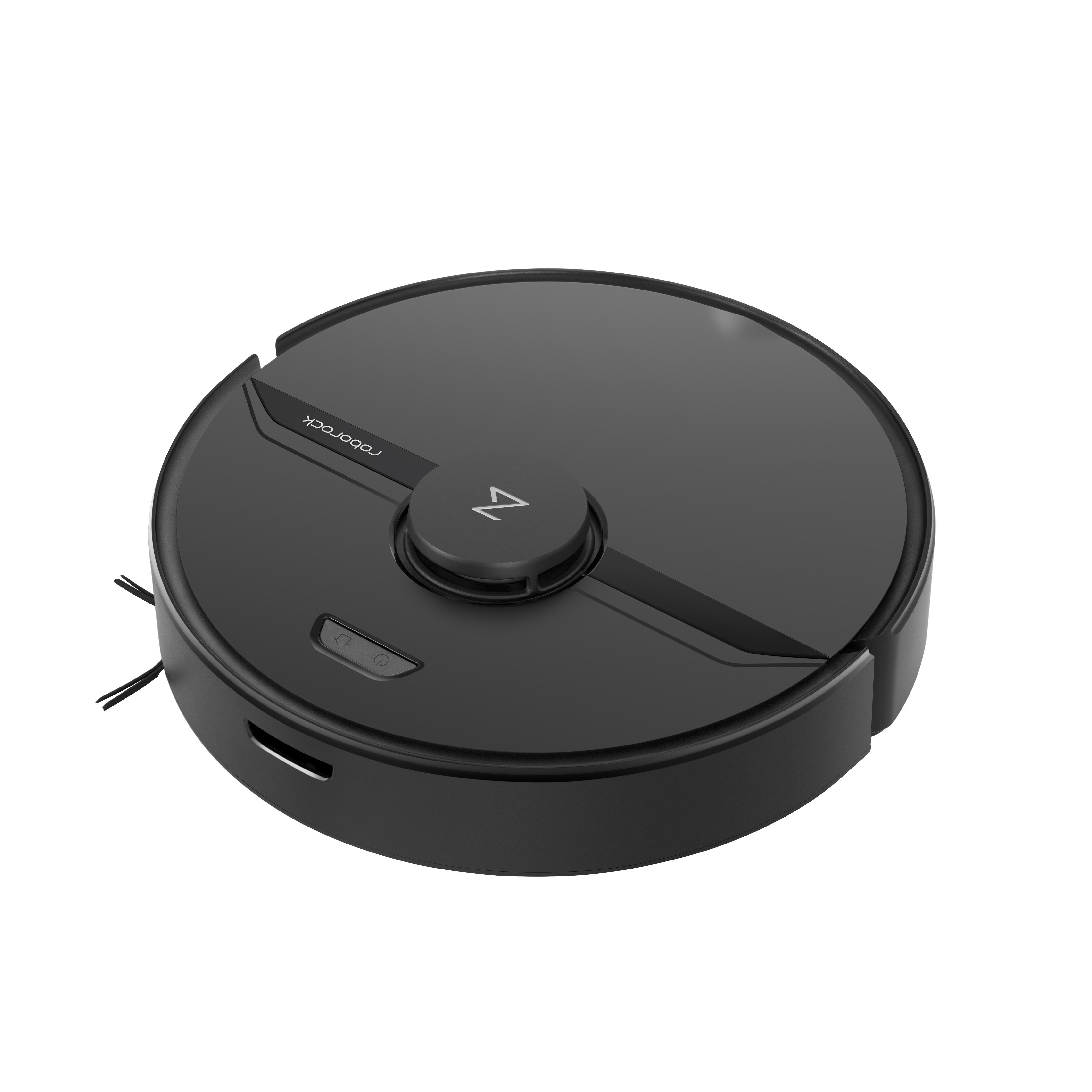 Roborock schwarzer kreisförmiger Roboter-Staubsauger, Vorderansicht.