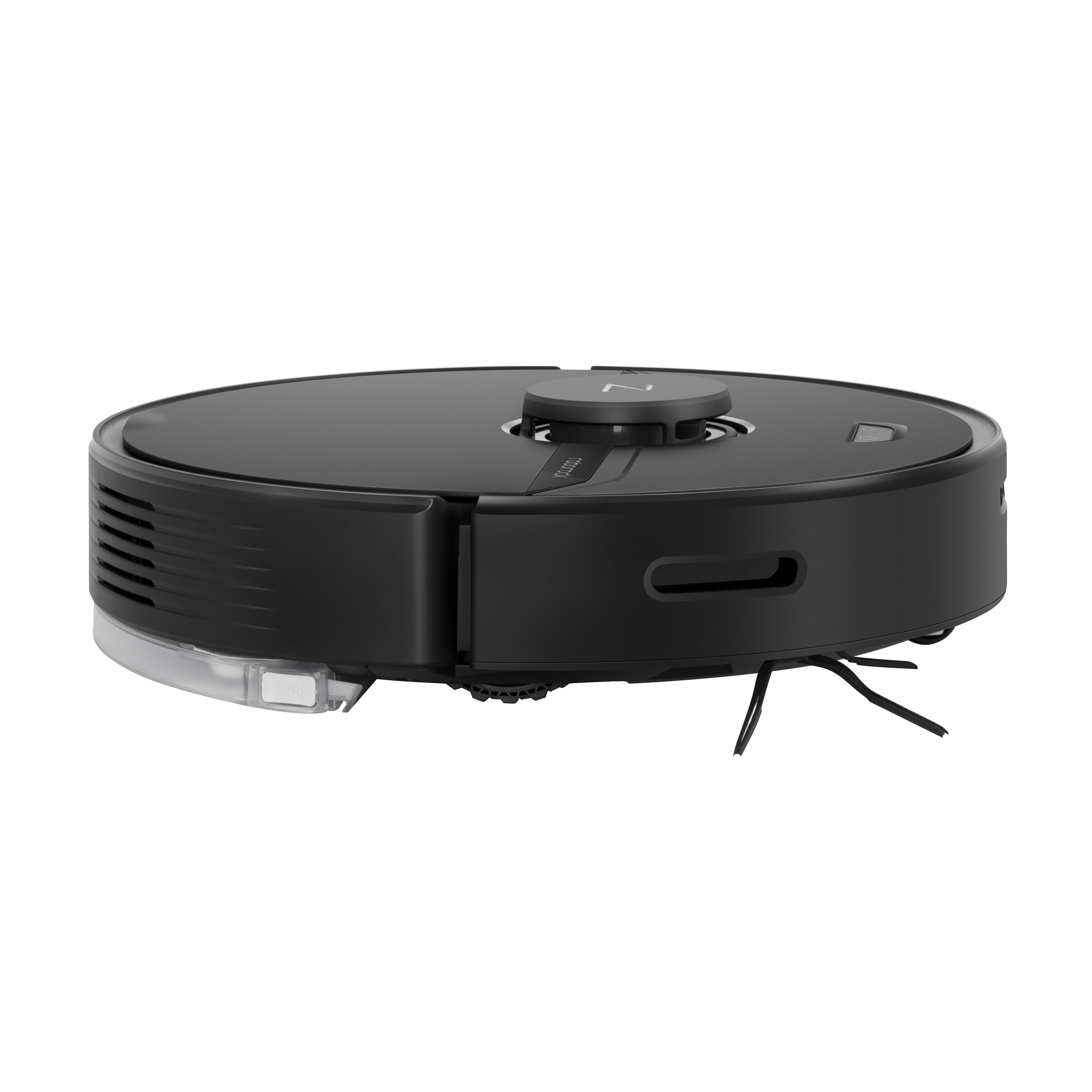 Schwarzer Roboter-Staubsauger mit rundem Körper, Sensoren und Bürsten.