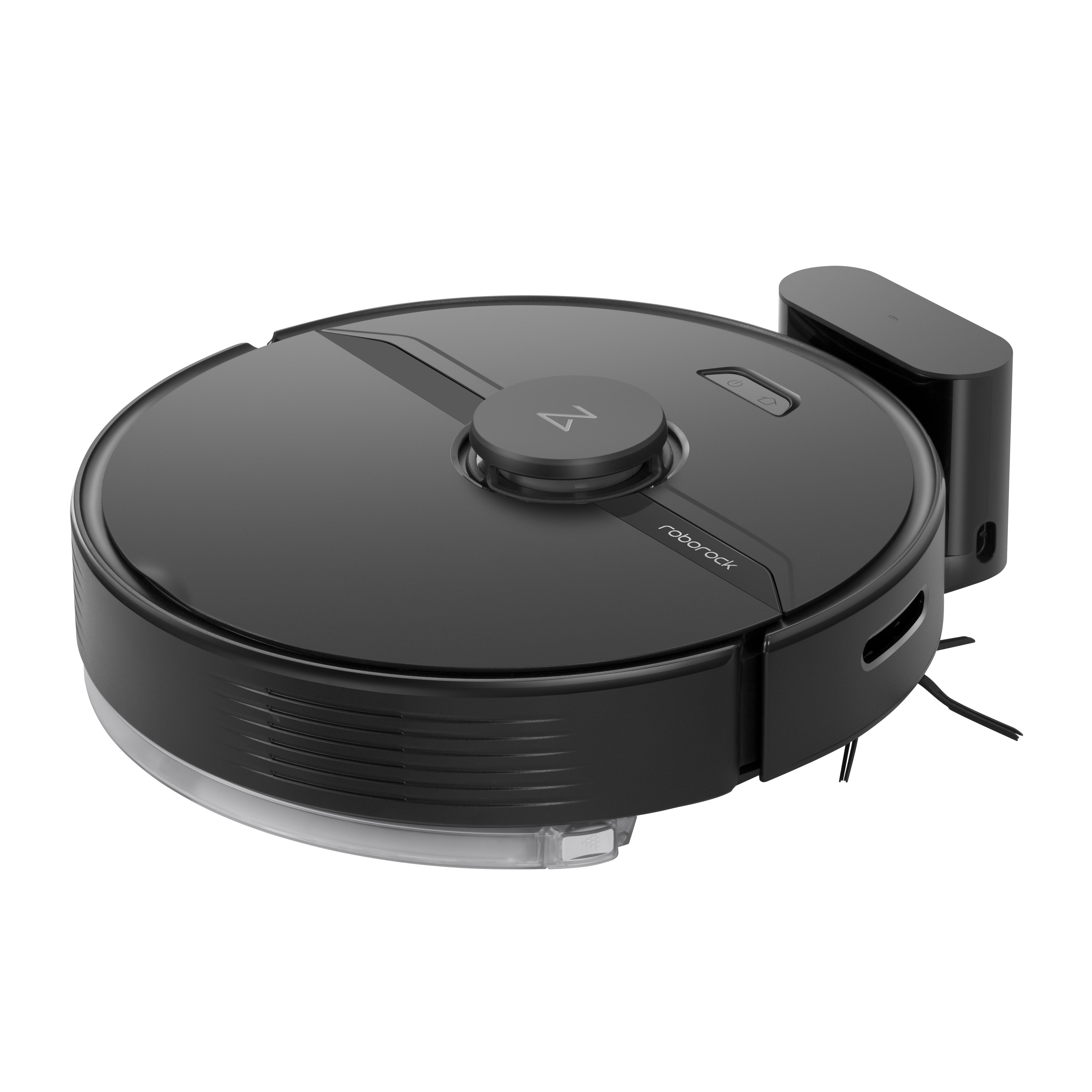 Schwarzer Roboter-Staubsauger mit seitlicher Ladestation, rundes Design mit Logo.