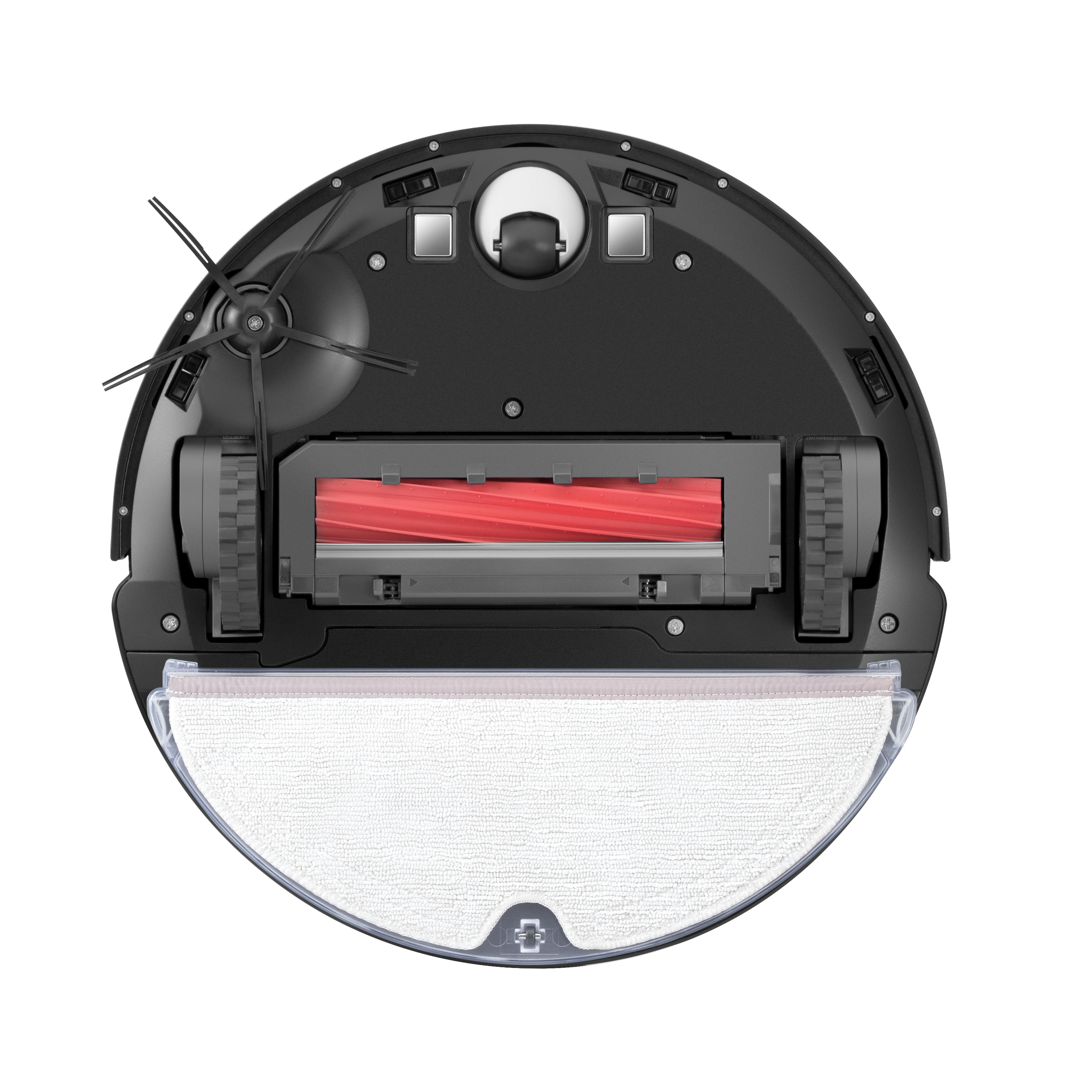 Roboter-Staubsauger, Unteransicht, mit Bürsten, Rädern und einem Wischpad.