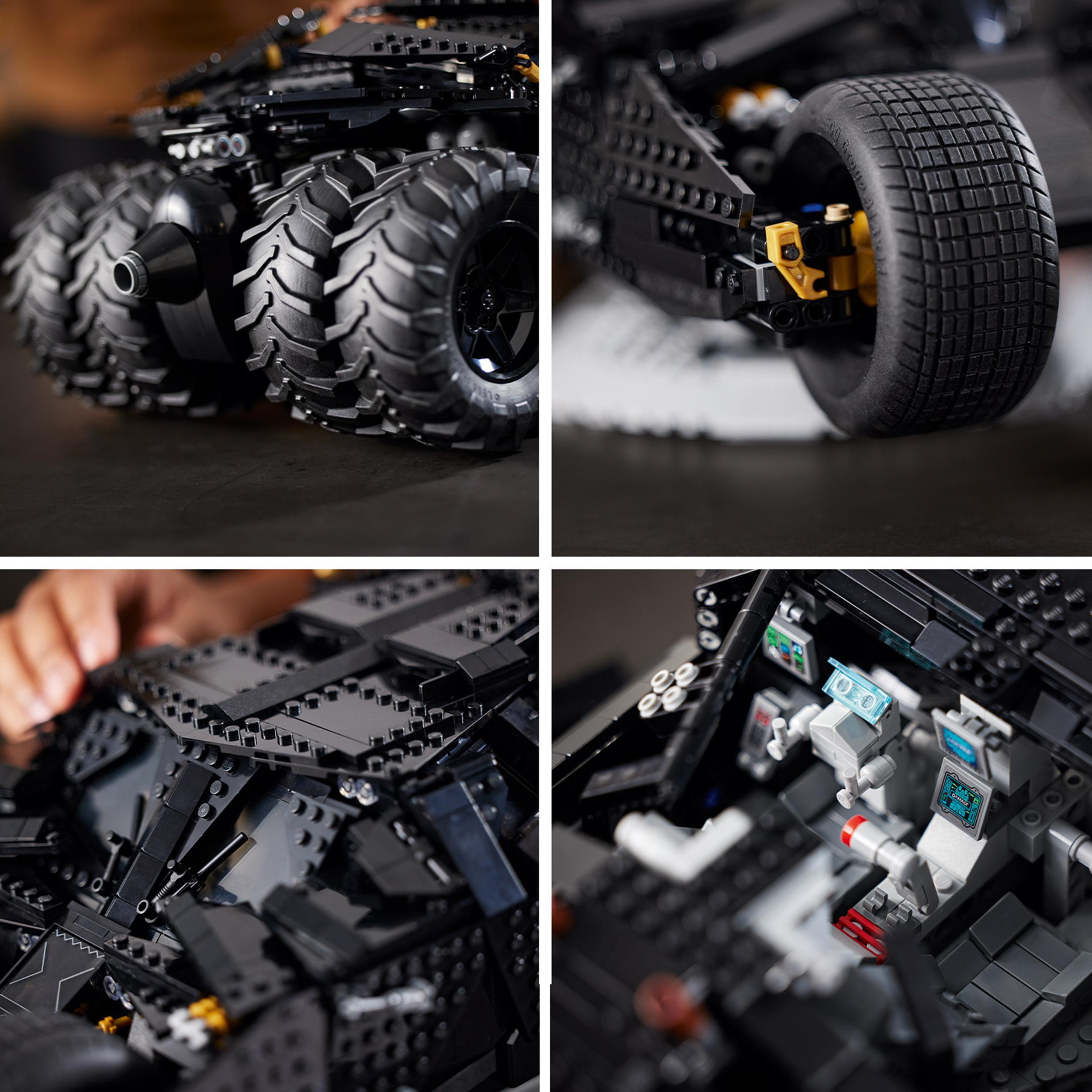 Vier Bilder eines Lego Technic Batmobils, Nahaufnahmen der Räder und des Cockpits.