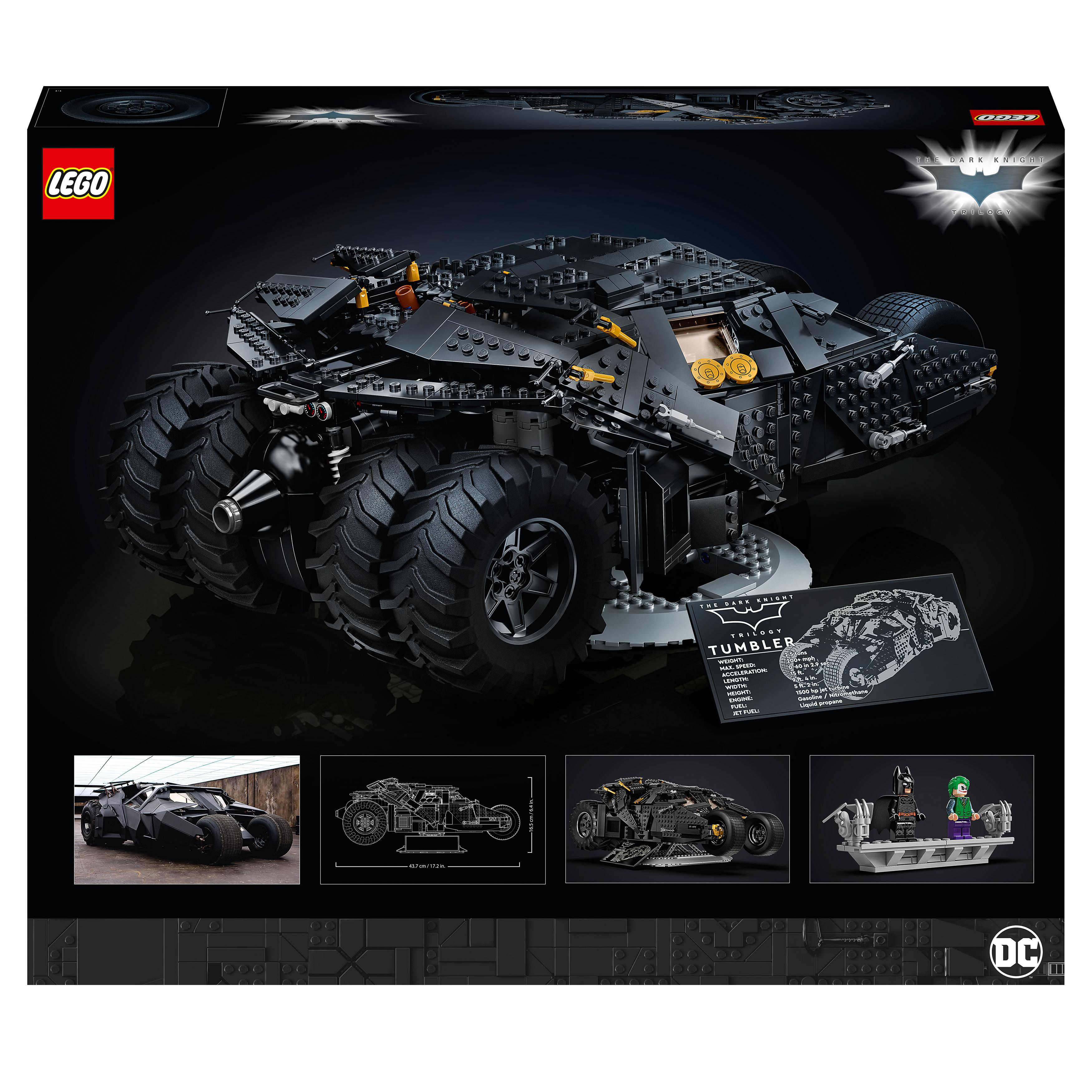 Eine Lego-Box mit dem schwarzen Tumbler-Auto, mit Bildern des Autos und Figuren.