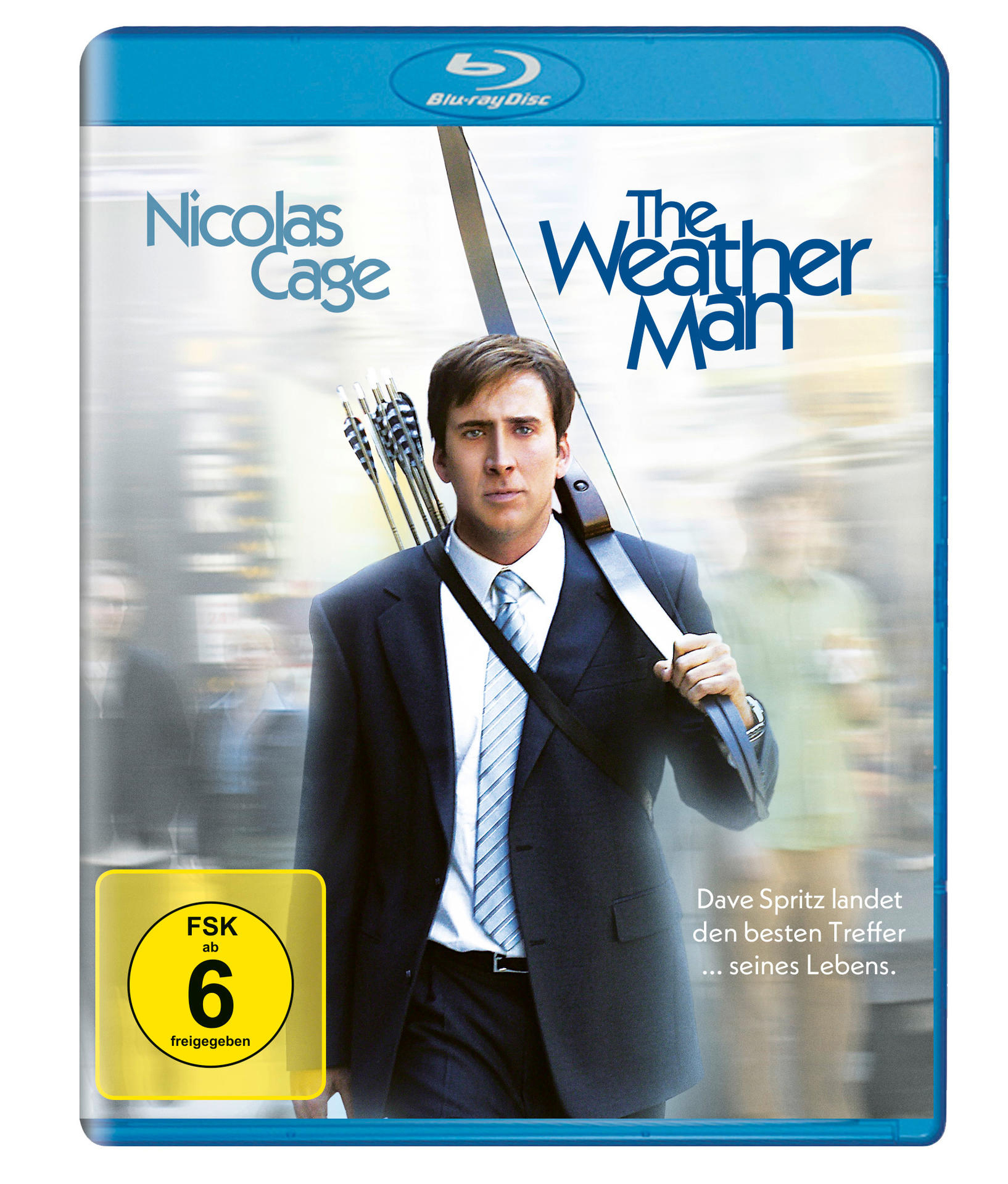 Blu-ray-Cover für The Weather Man, mit Nicolas Cage. Zeigt einen Mann mit Pfeil und Bogen. FSK 6 Bewertung.