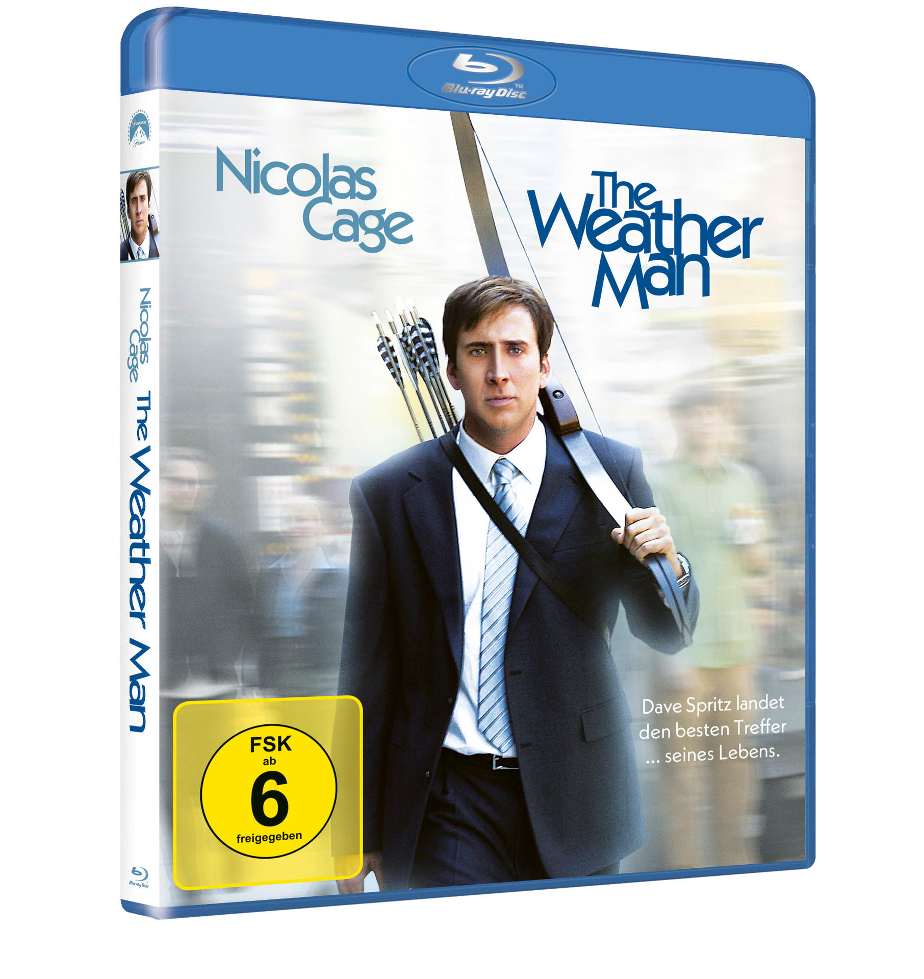 Filmcover von 'The Weather Man' mit Nicolas Cage, der einen Bogen und Pfeile hält. Blaue Blu-ray-Hülle.
