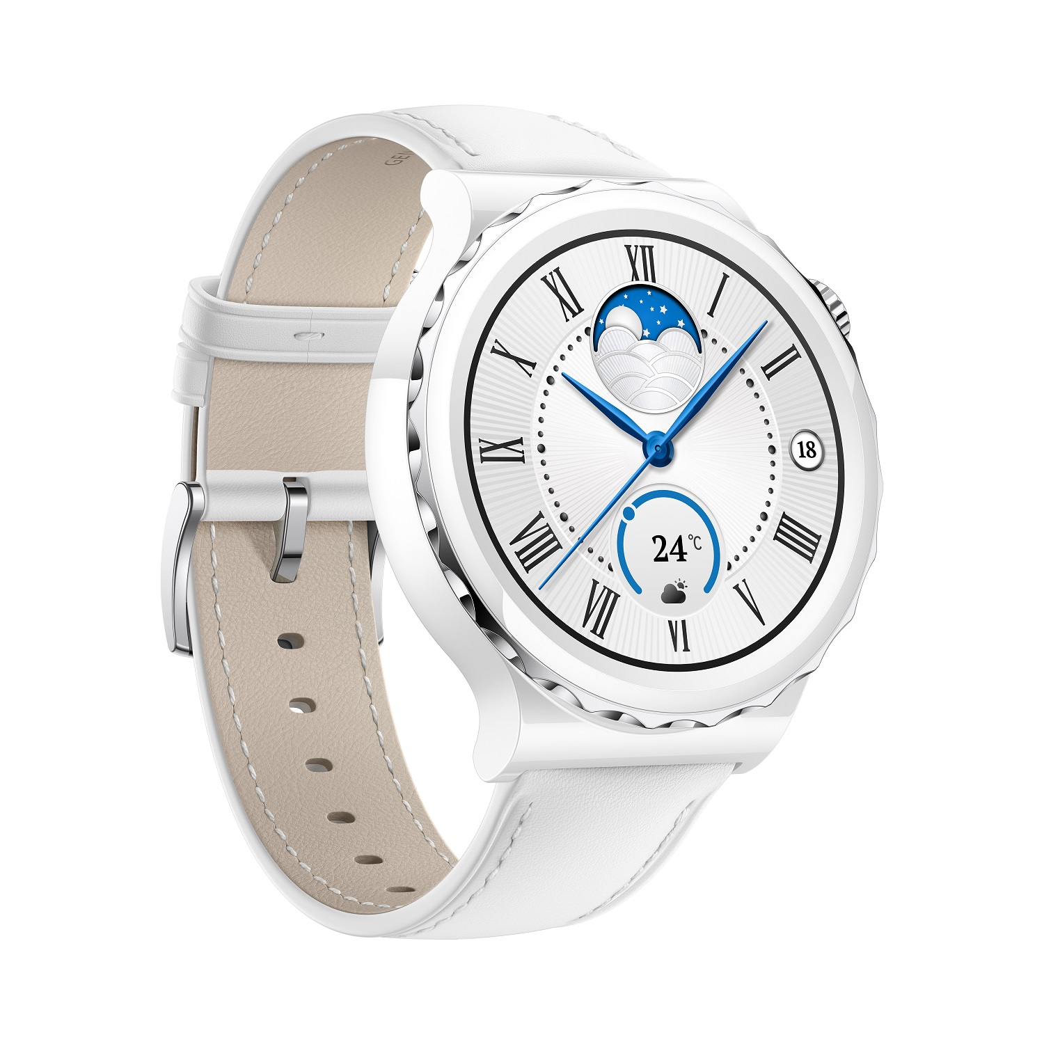 Smartwatch blanca con correa de cuero. Tiene una pantalla circular con números romanos.