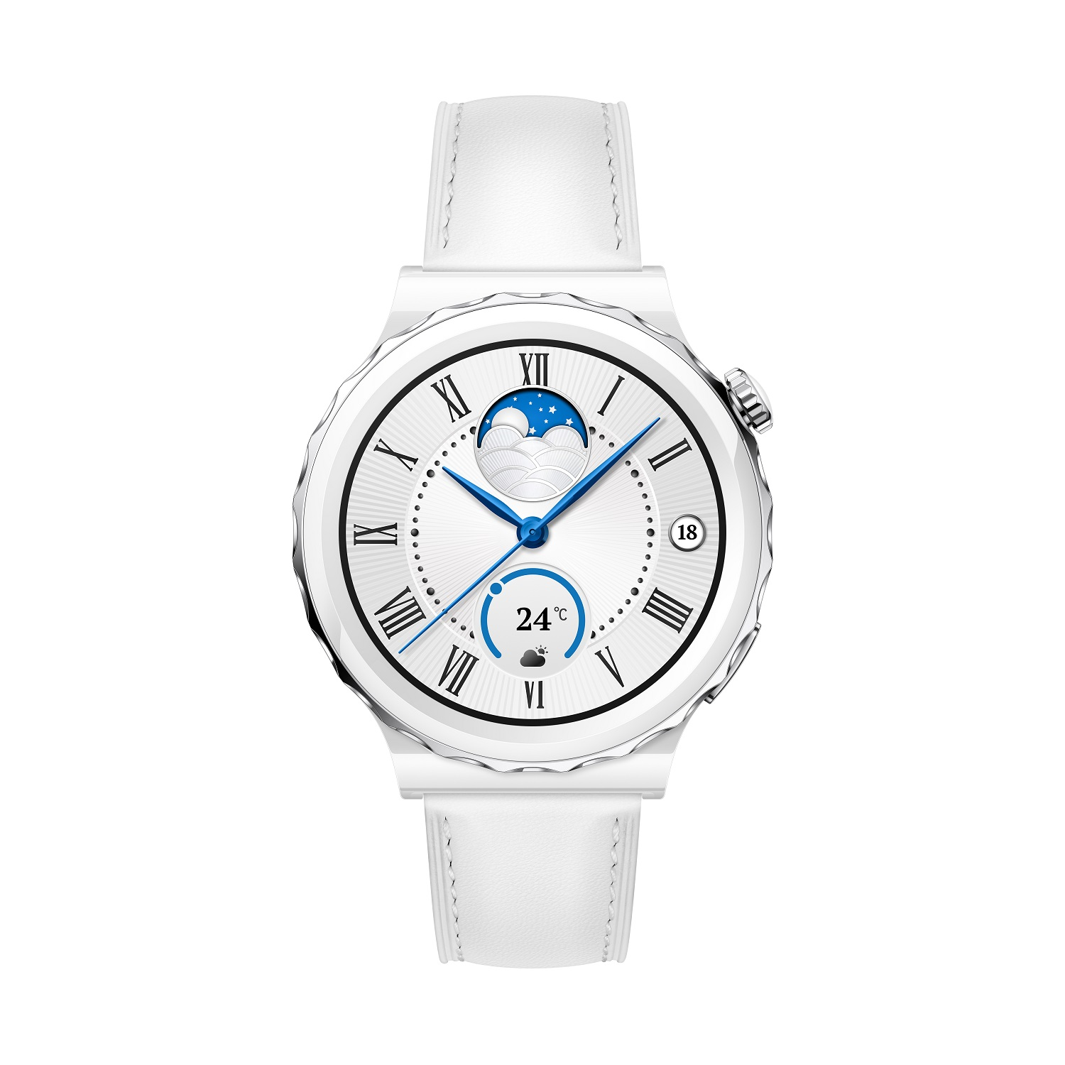 Reloj inteligente blanco, correa blanca. Con esfera blanca, números romanos y agujas azules.