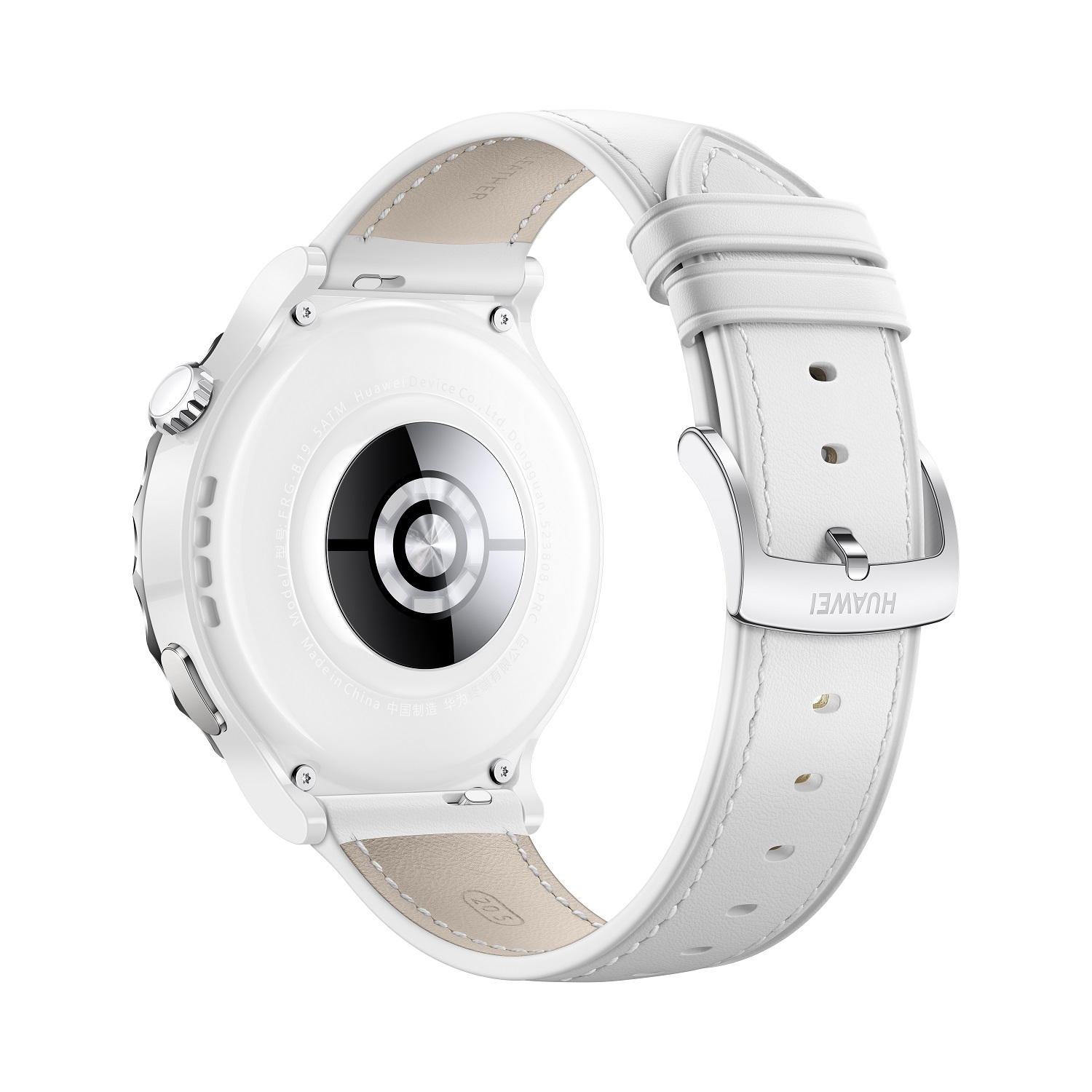 Reloj inteligente blanco con correa de cuero blanca.