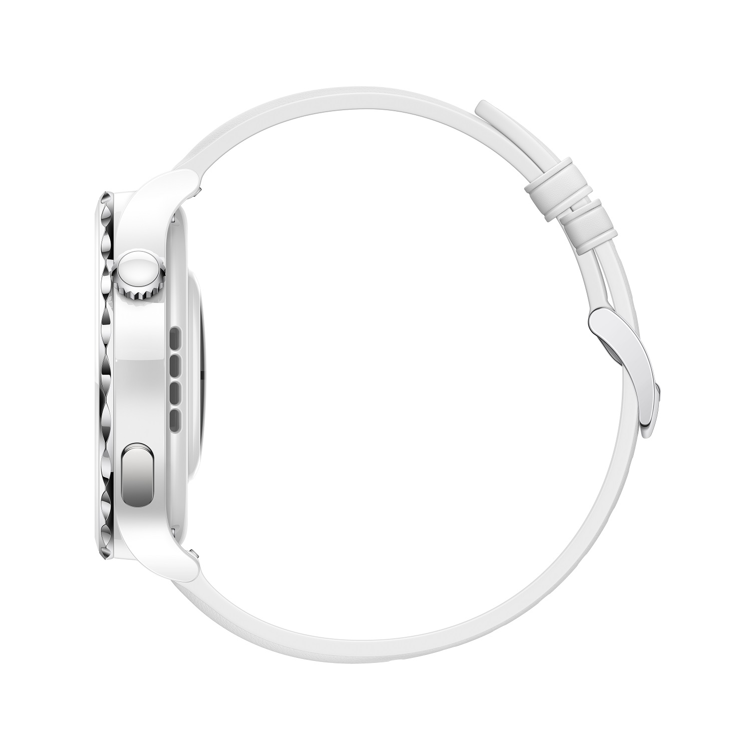 Smartwatch blanca, vista lateral, correa blanca, bisel plateado, pantalla negra.