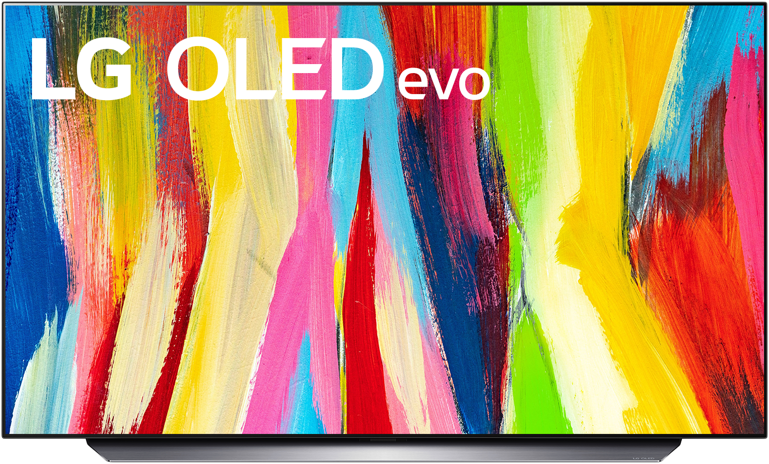 LG OLED evo TV, melynek képernyőjén egy színes absztrakt festmény látható fekete keretben.