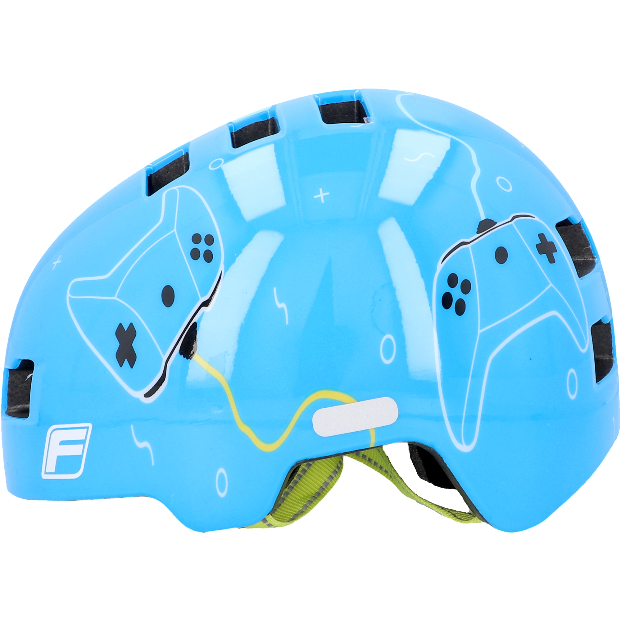Blauer Fahrradhelm mit Spielecontroller-Grafik. Mit weißem F-Logo und gelbem Riemen.