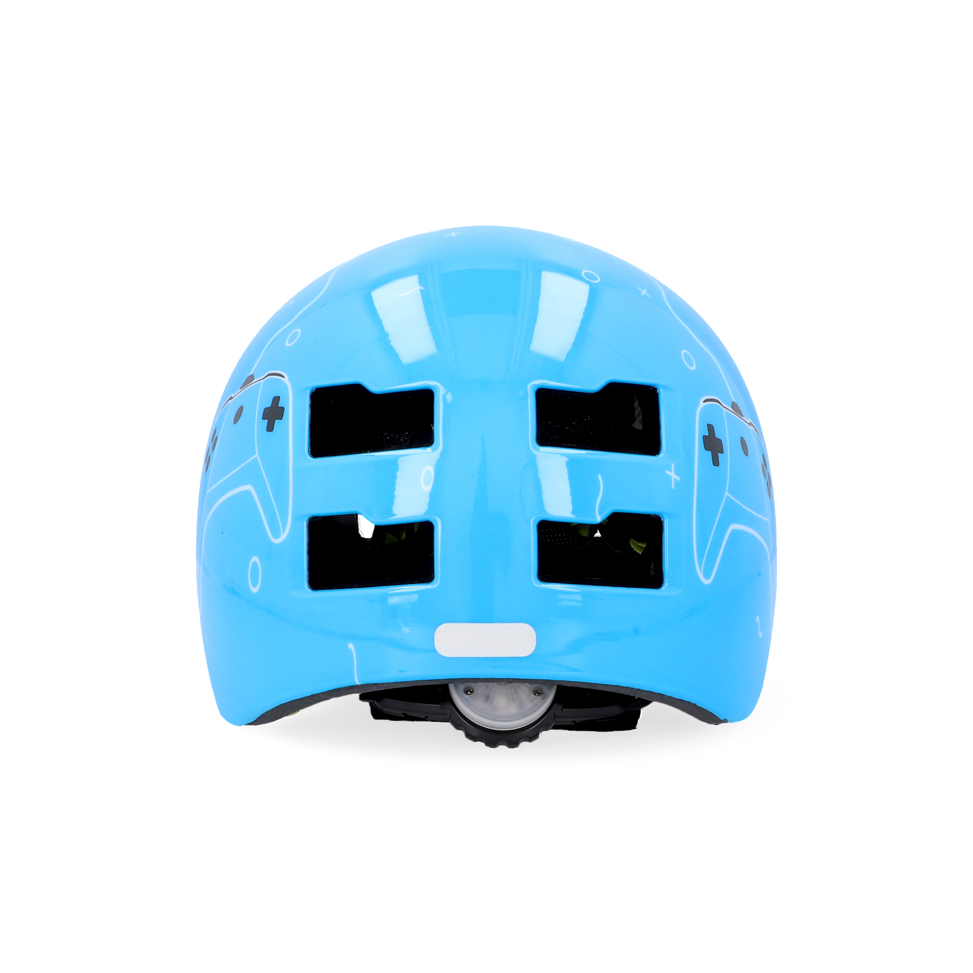 Blauer Fahrradhelm mit weißen Spielcontroller-Symbolen. Schwarze Lüftungsschlitze und Kinnriemen. Weißer Hintergrund.