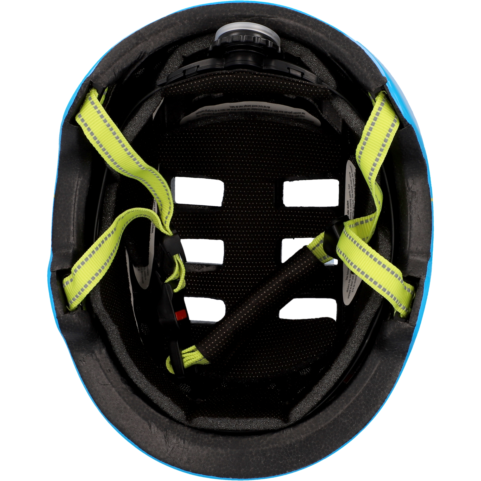 Blauer Fahrradhelm, mit gelben Riemen und schwarzer Polsterung, von oben gesehen.