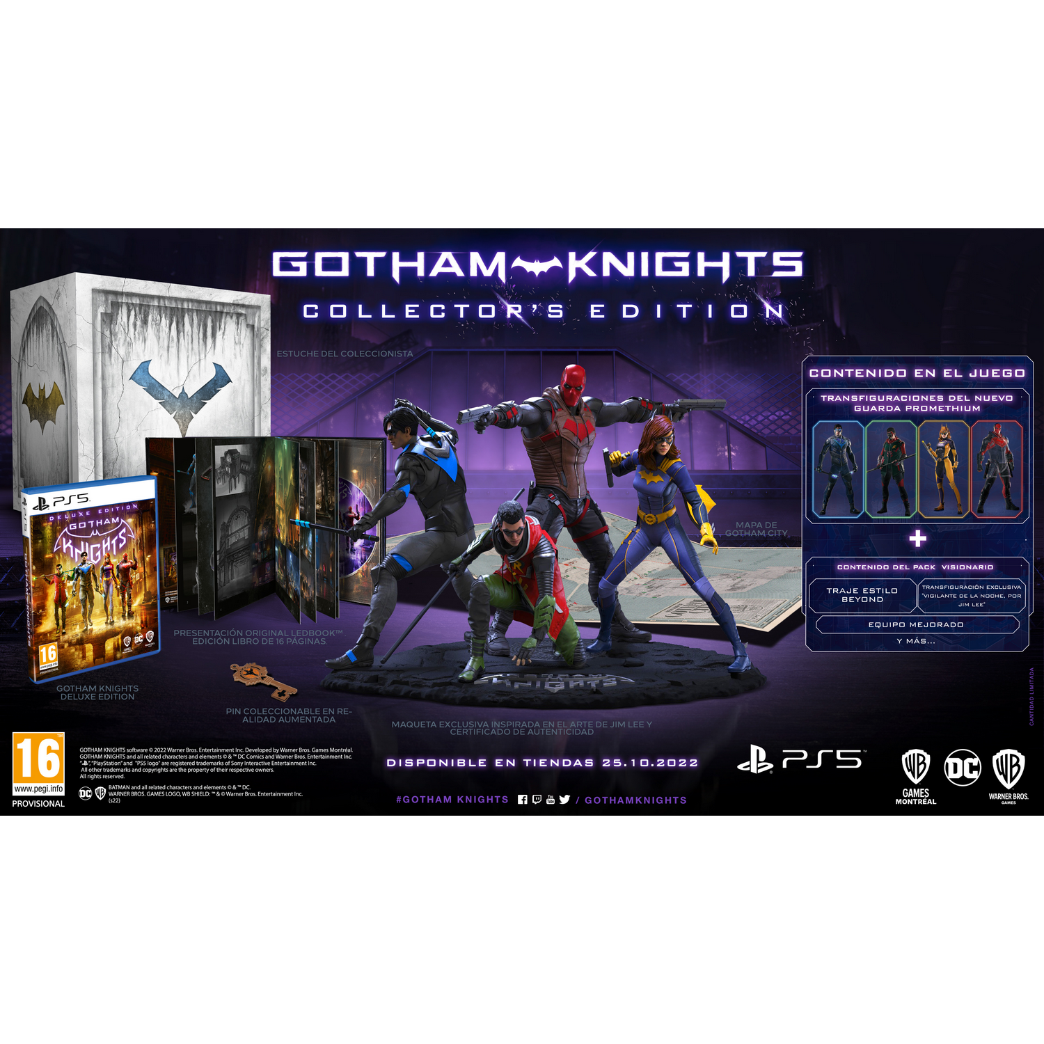 Caja de la edición de coleccionista de Gotham Knights con figuras y detalles del juego.