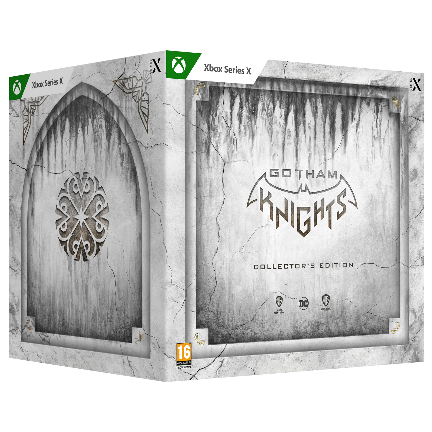 Una caja para el juego Gotham Knights. La caja es blanca con arte del juego.