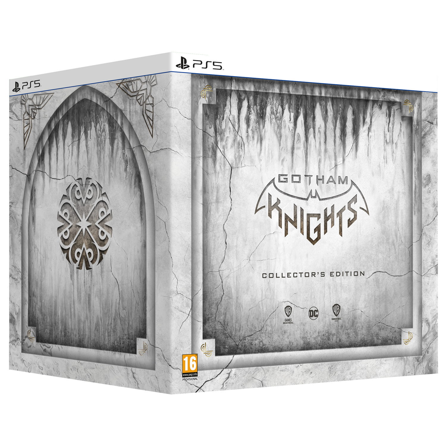 Caja de la edición coleccionista de Gotham Knights. Blanca con detalles del juego y logotipo.