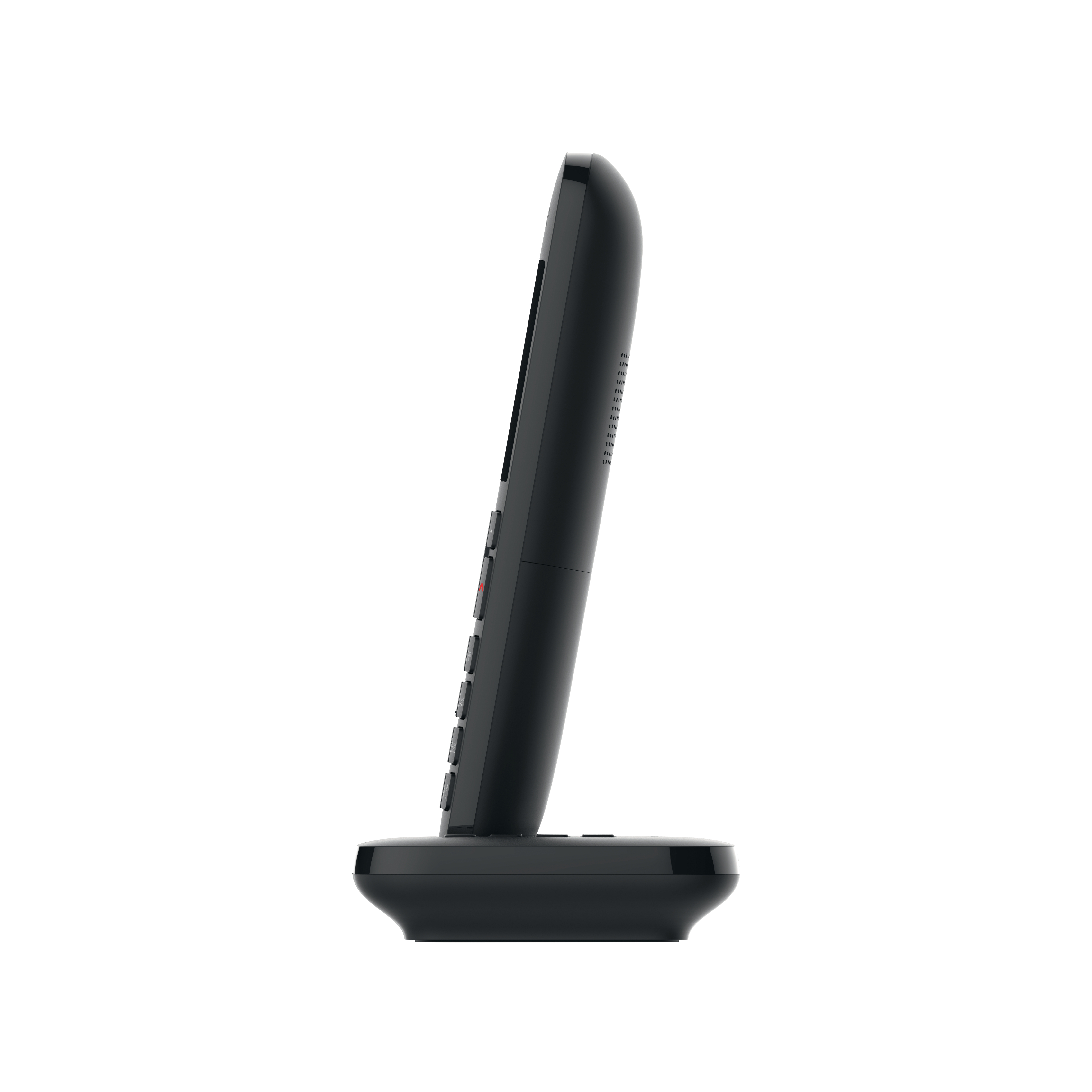 Schwarzes schnurloses Telefon auf einem Ständer. Das Telefon ist angewinkelt.