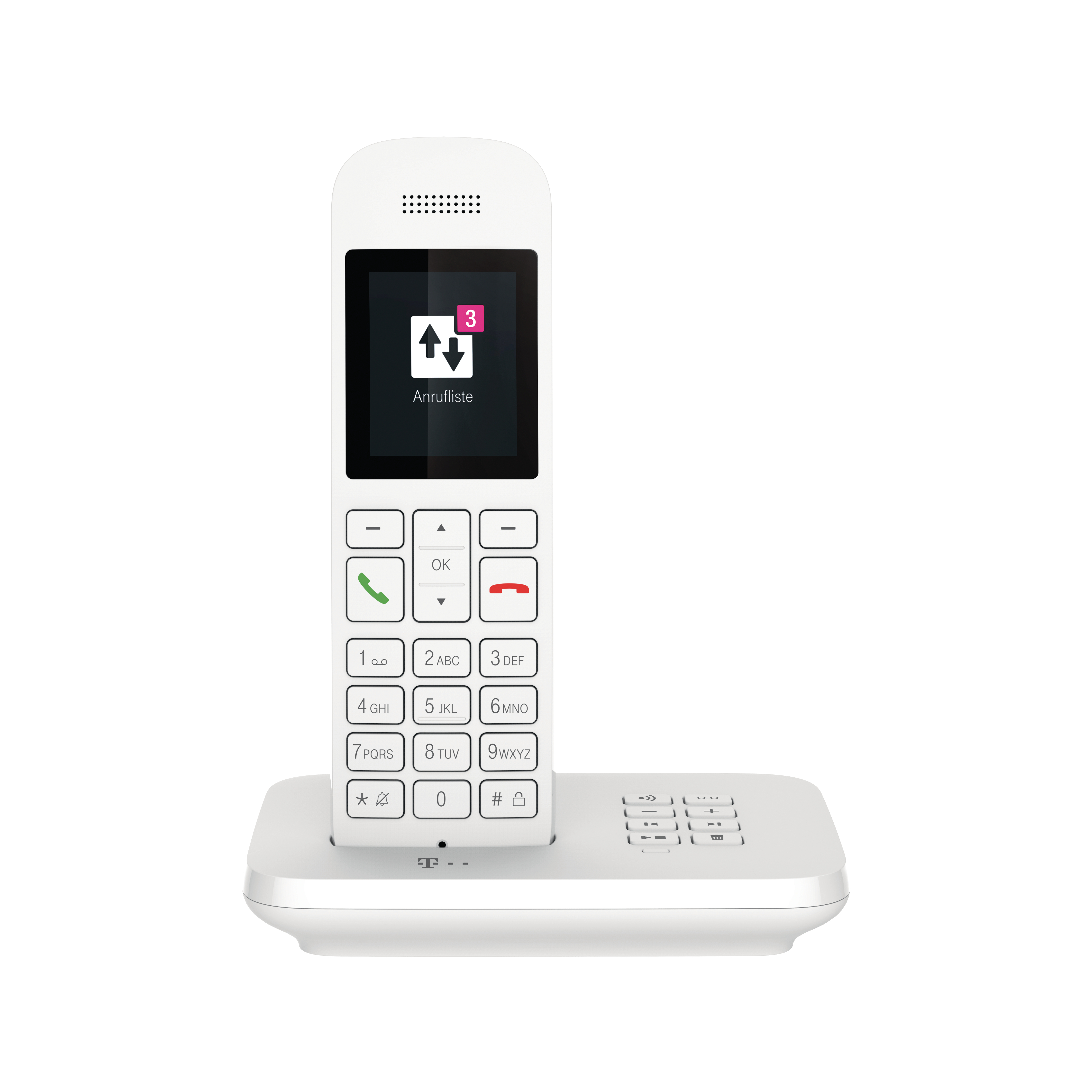 Ein weißes schnurloses Telefon mit einem kleinen Bildschirm, der ein Menü anzeigt.