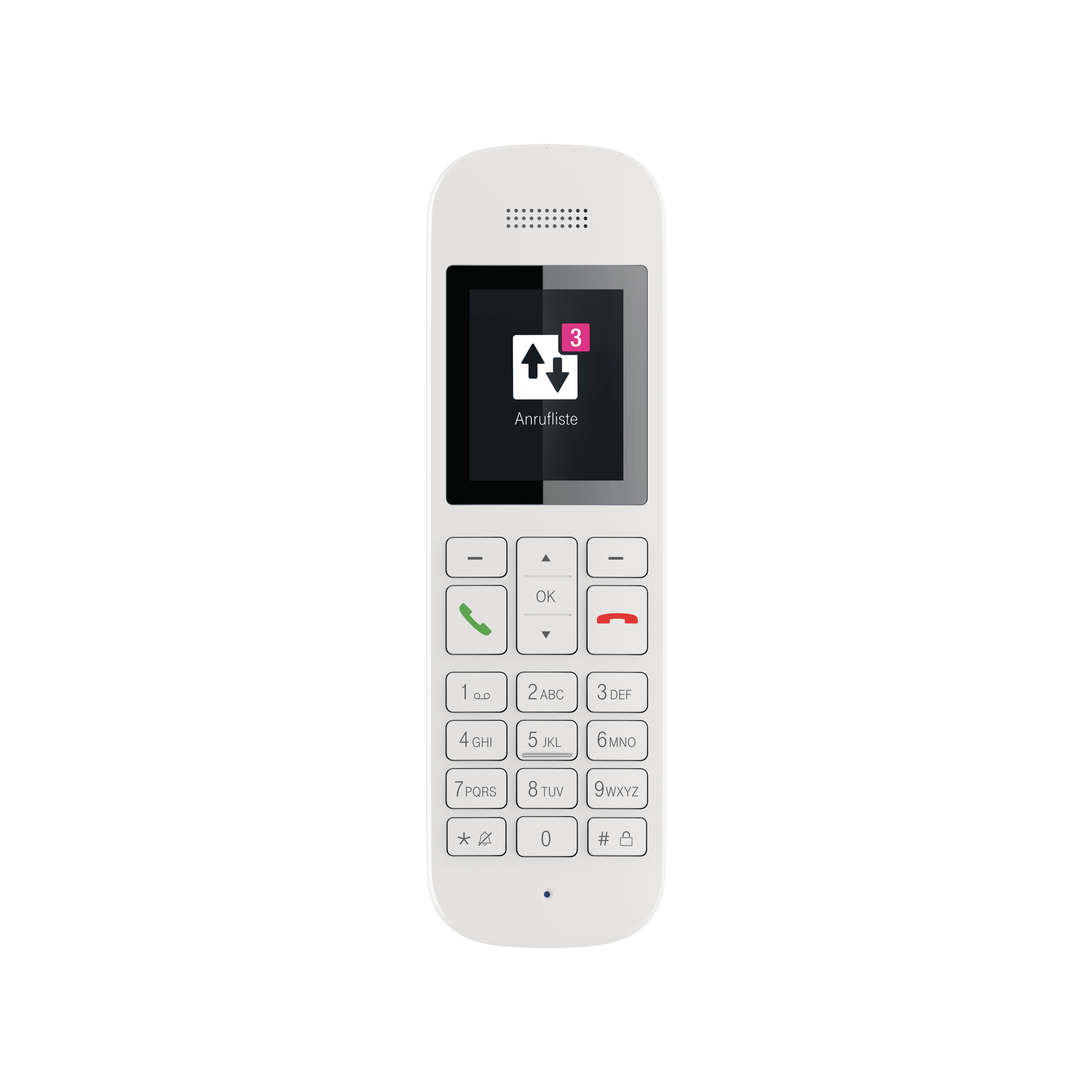 Weißes Mobiltelefon mit Nummernblock und kleinem Bildschirm.
