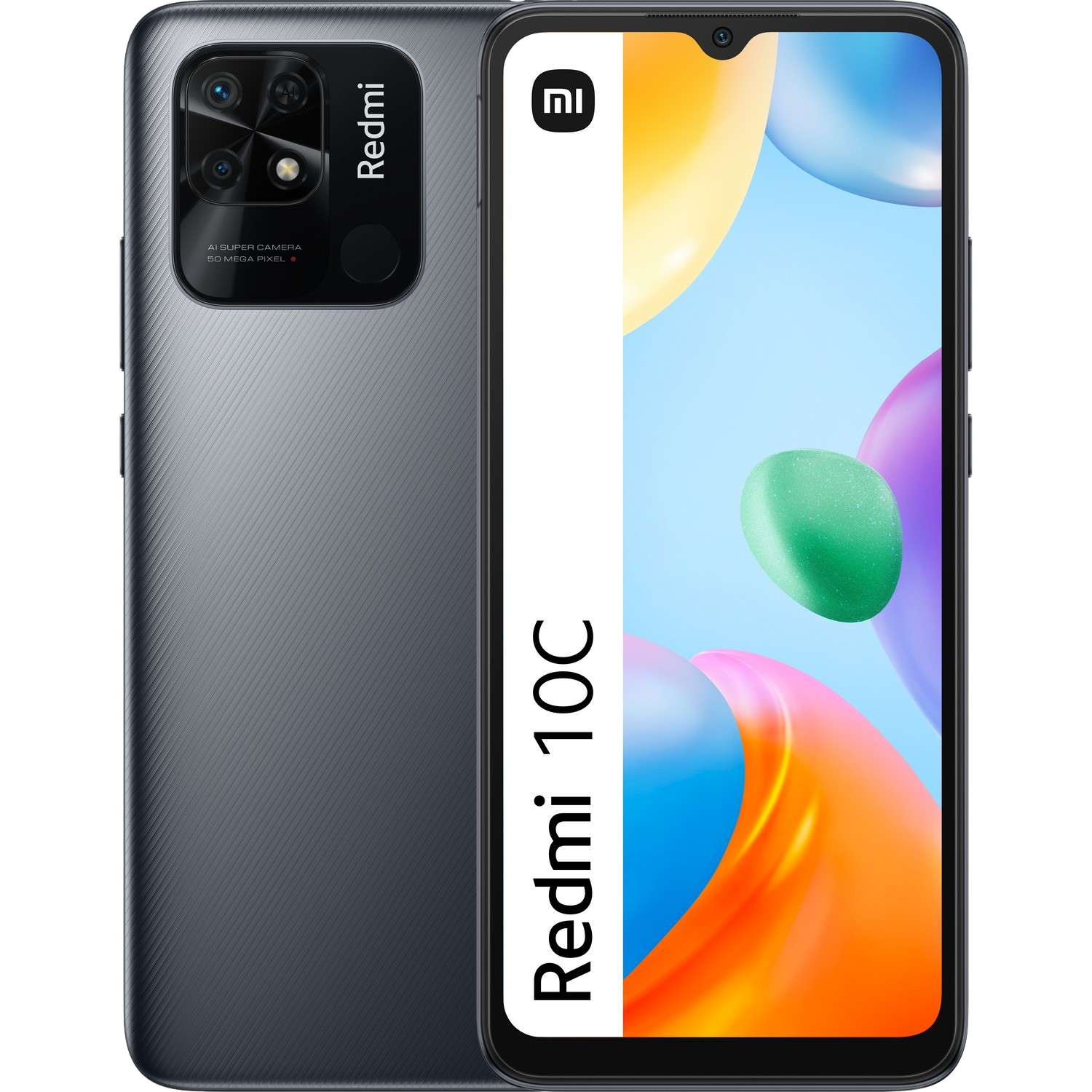 Teléfono Redmi 10C: Parte trasera gris con cámaras, pantalla frontal negra con gráfico colorido.