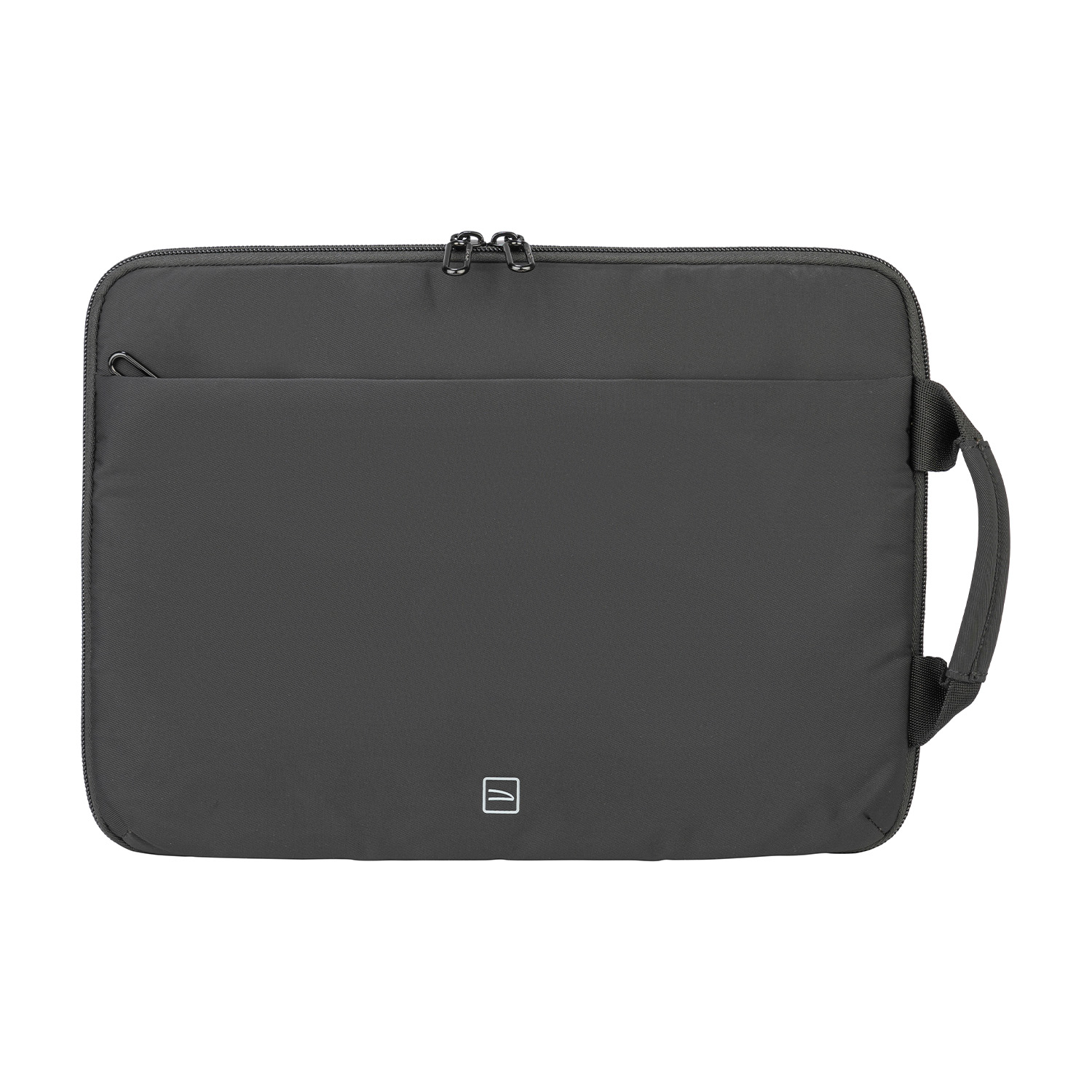 Custodia per laptop nera, con cerniera, manico e logo bianco.