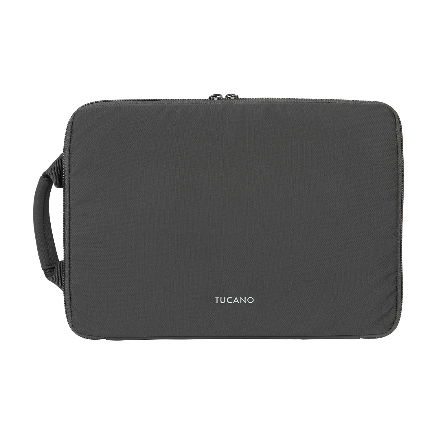 Una borsa per laptop Tucano grigia con manico e cerniera.