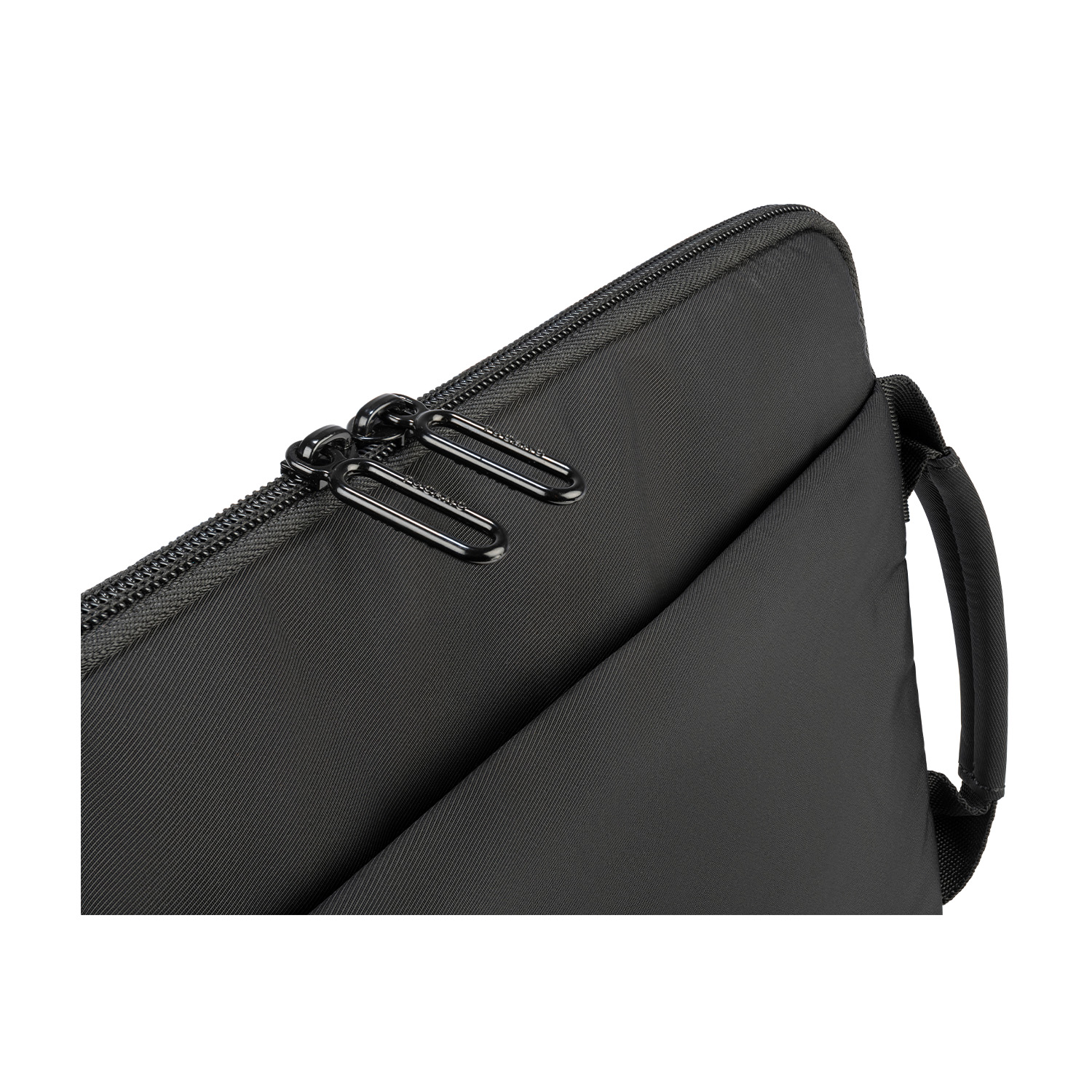 Custodia per laptop nera con cerniere e maniglia.
