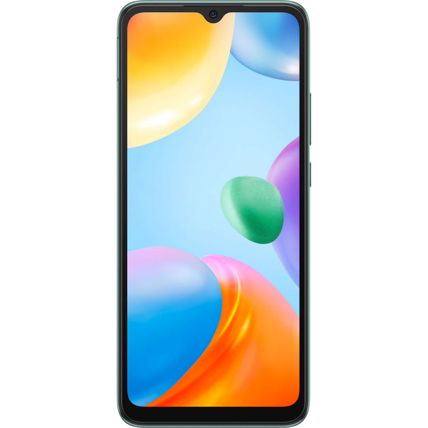 Smartphone. Marco verde, vista frontal con formas abstractas coloridas en la pantalla. Colores azul, amarillo, verde y naranja.