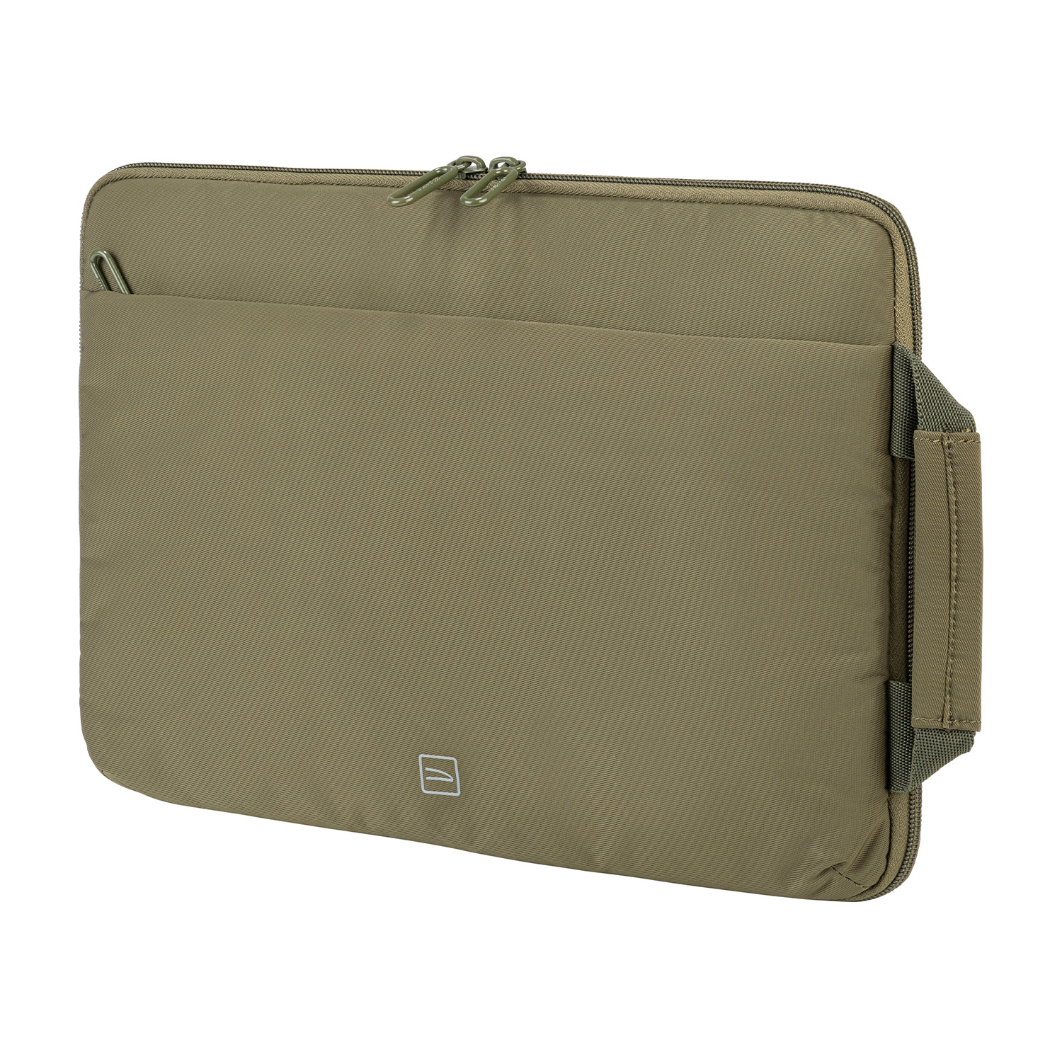 Custodia per laptop verde oliva con maniglia e cerniera, logo visibile.