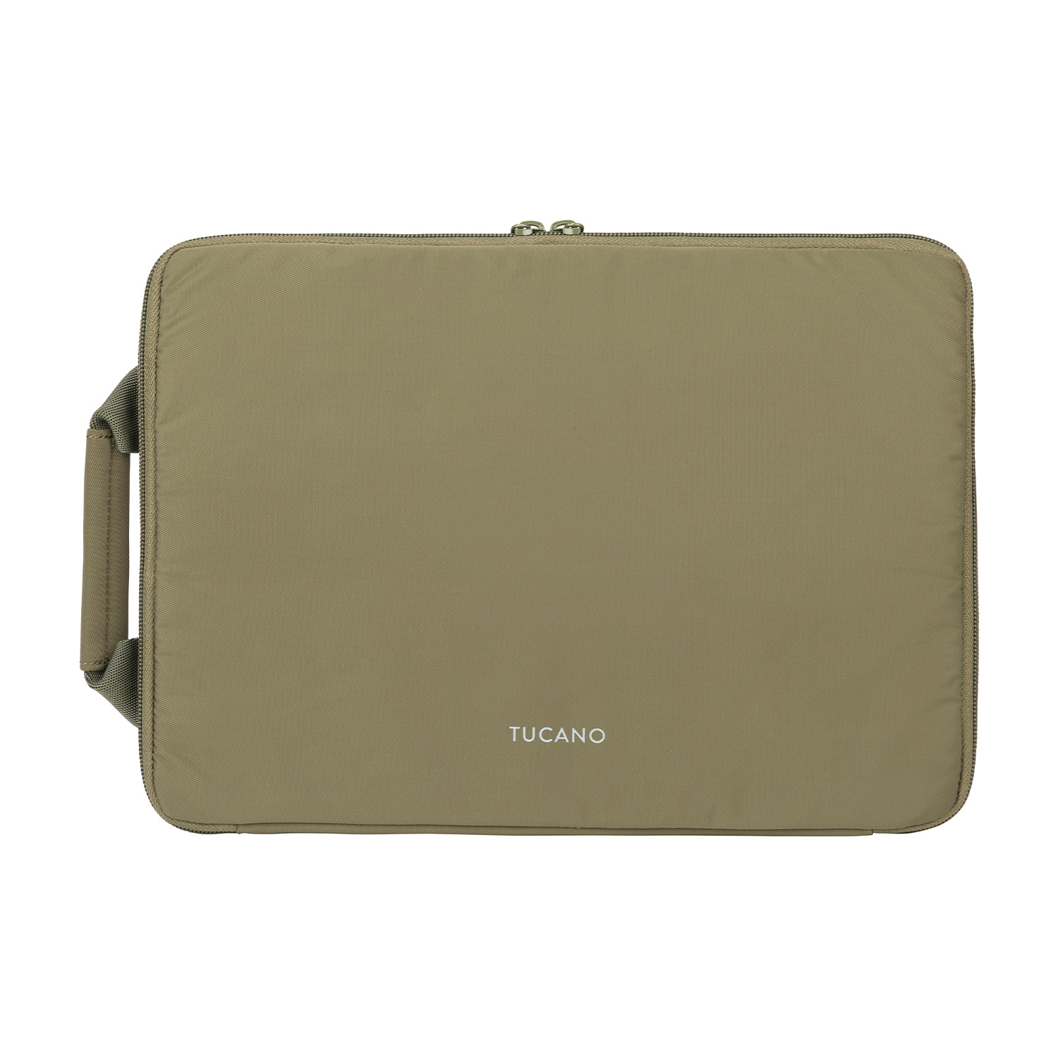 Custodia per laptop Tucano verde oliva con manico e zip. Logo Tucano bianco sul davanti.