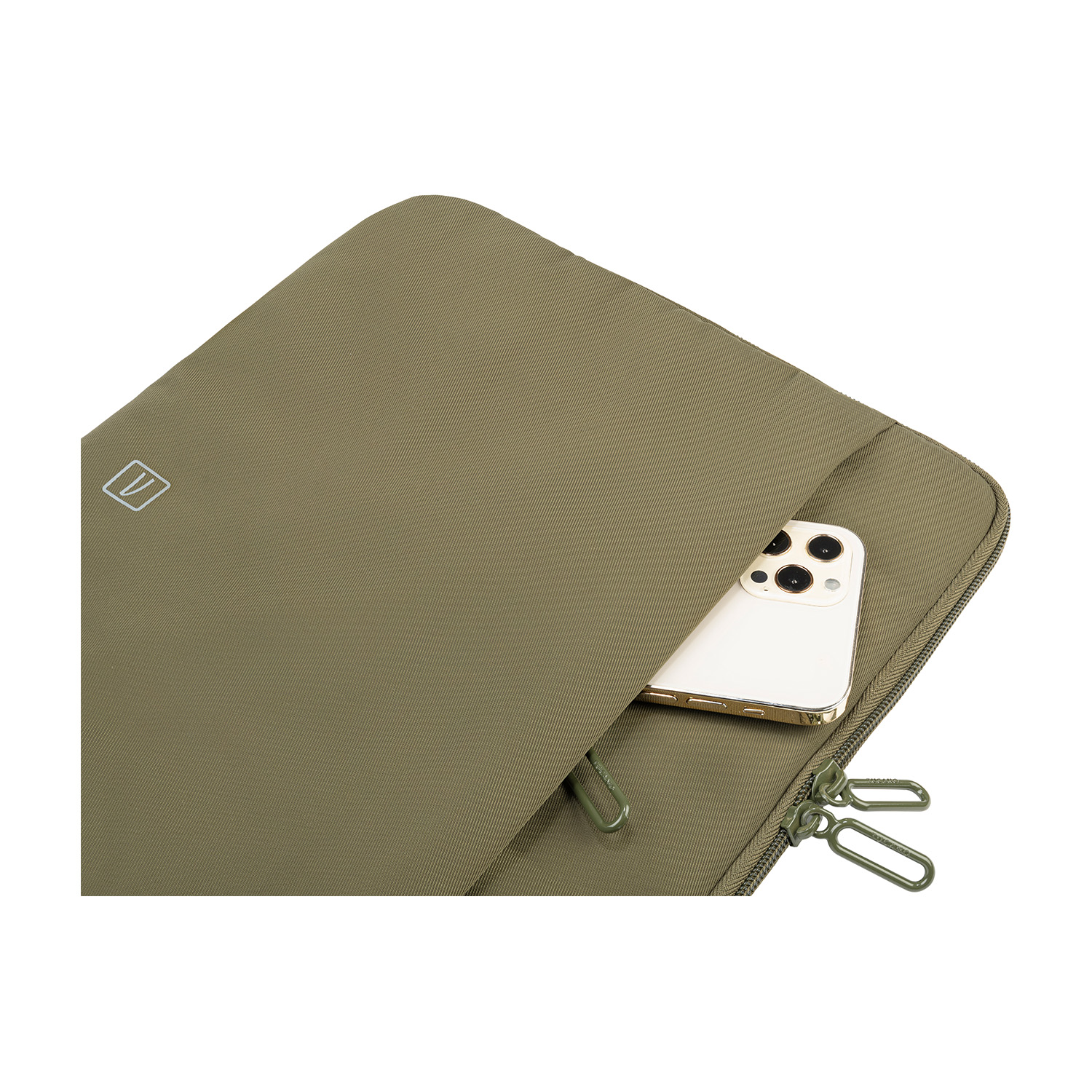 Custodia per laptop verde oliva con un telefono all'interno e cerniere.