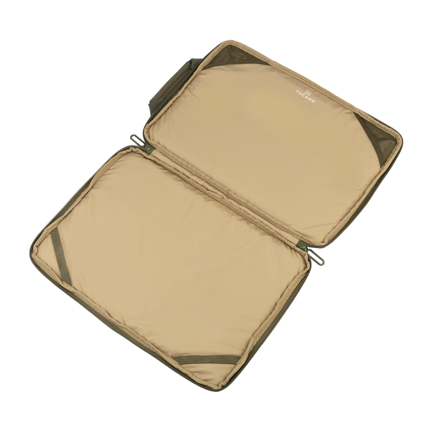Borsa per laptop verde oliva aperta. Interno con fodera beige e cerniere.