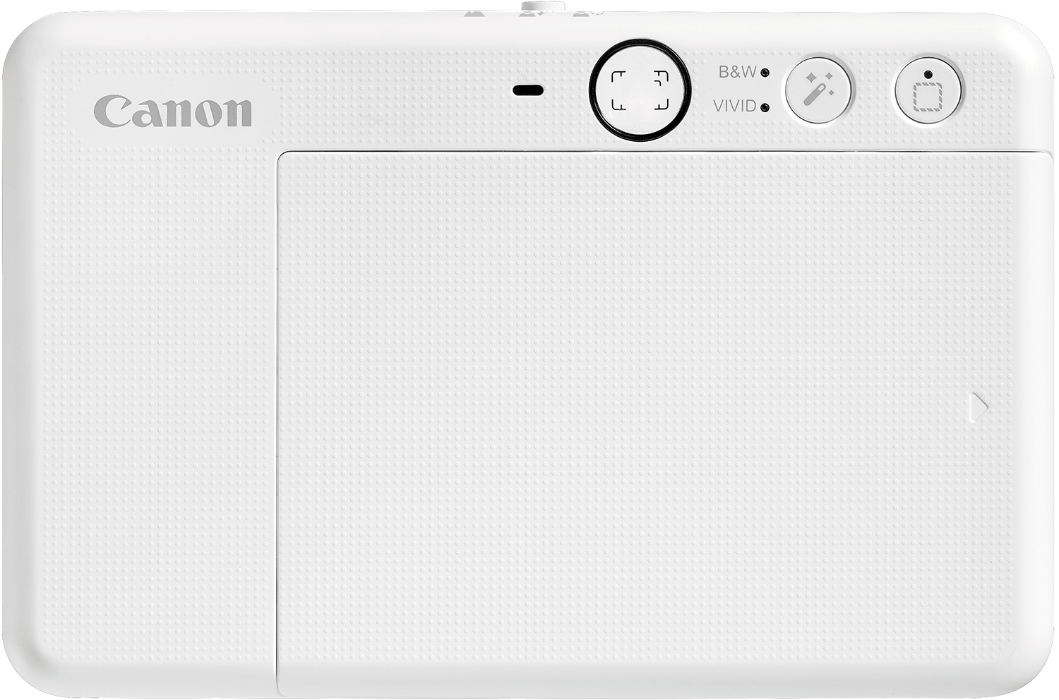 White Canon instant camera. It has buttons and a screen. The Canon logo is at the top left.