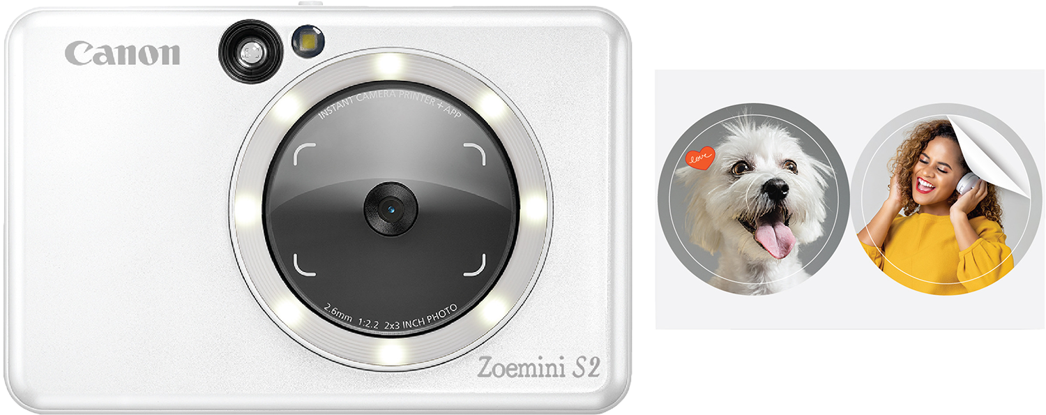 White camera, and two circular photos: a dog and a woman with headphones.