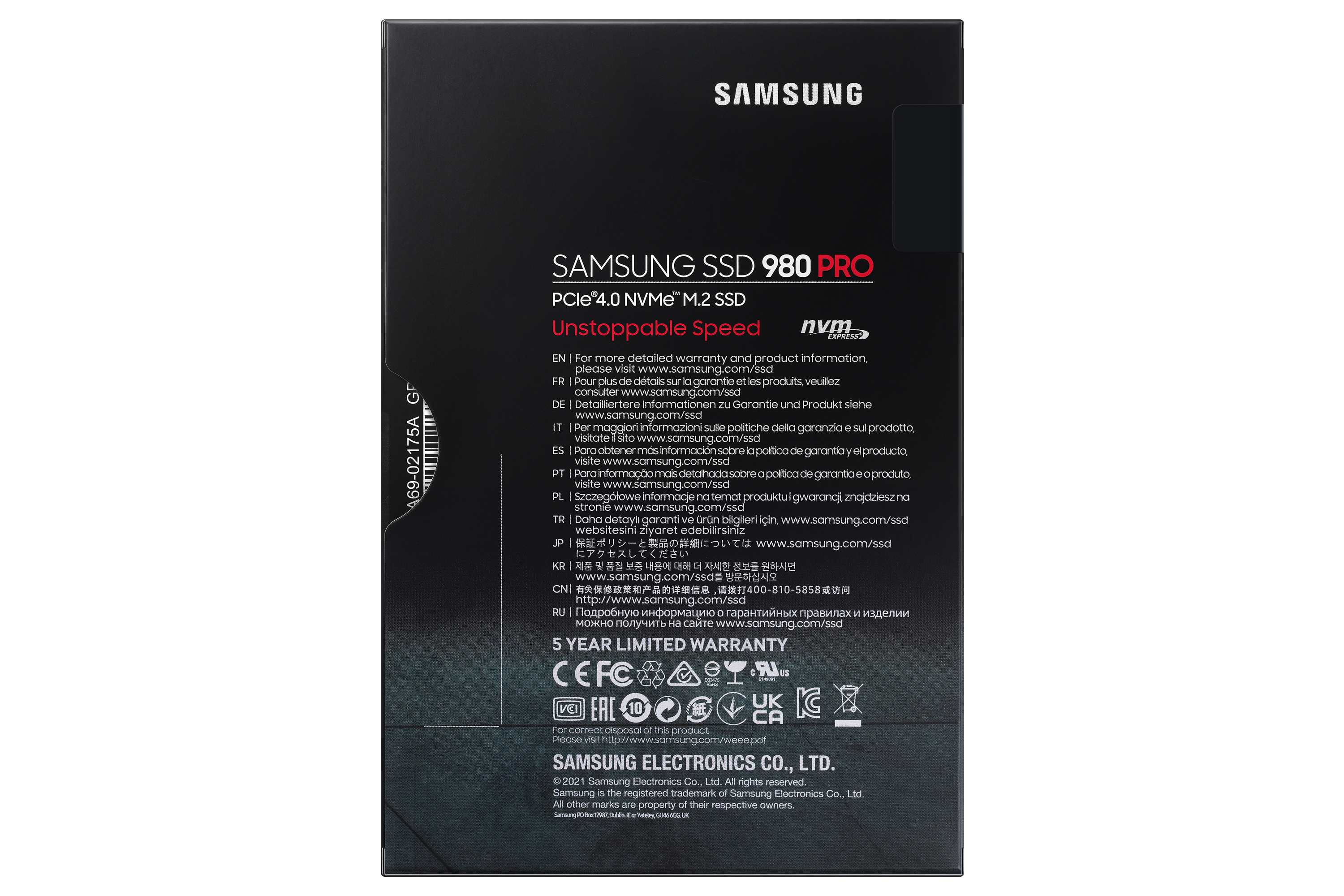 Samsung SSD 980 Pro ambalajı. Metin ve logolarla siyah.