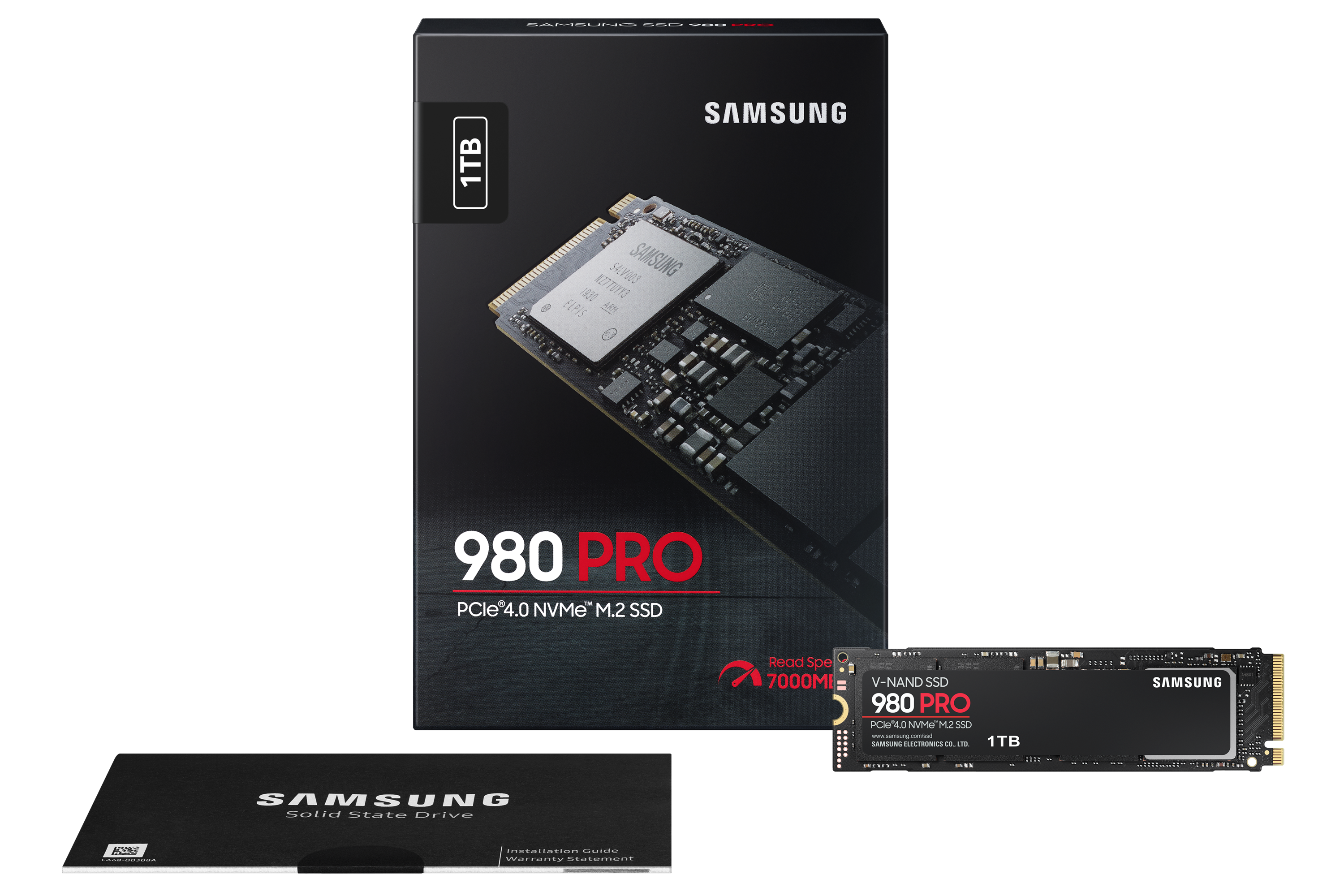 Samsung 980 PRO SSD kutusu ve sürücüsü, dokümantasyonla.