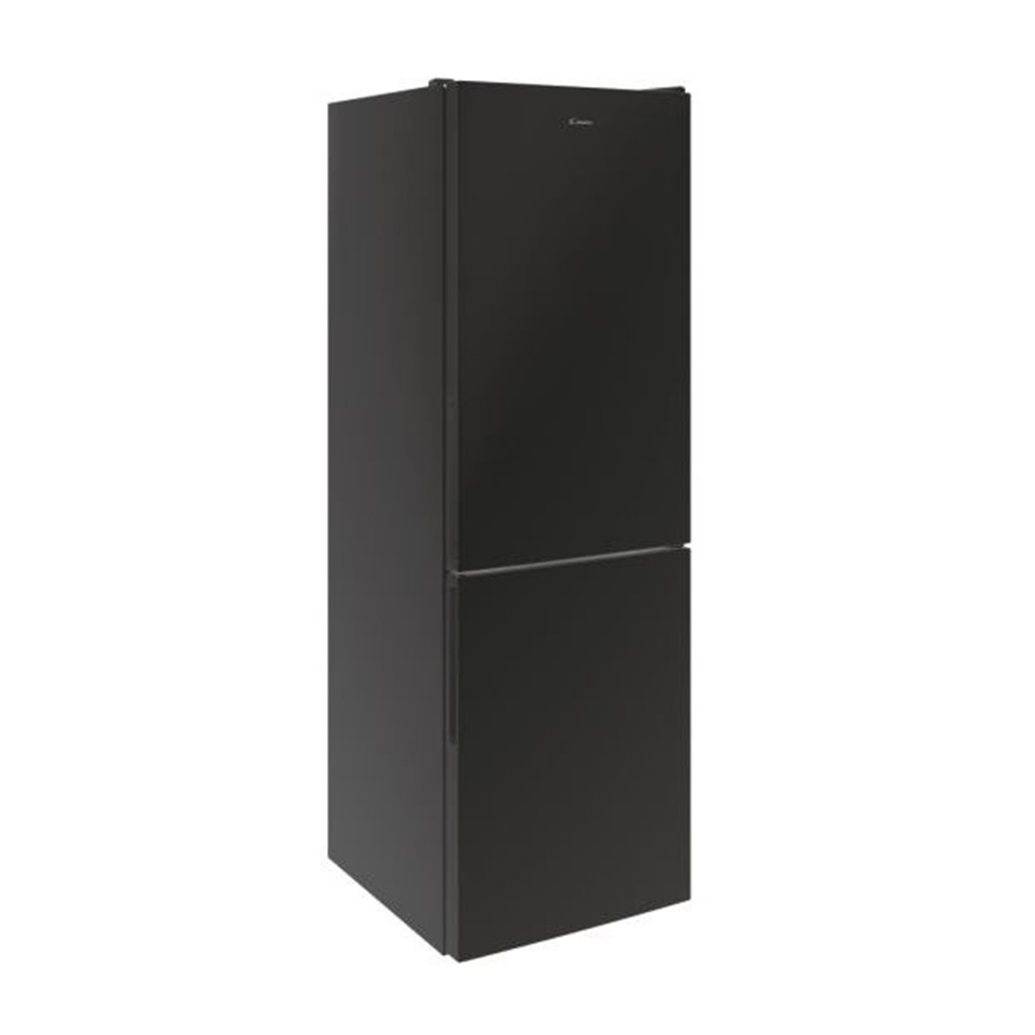 Frigorifero Candy nero. Ha due porte. Il logo Candy è sulla porta superiore.