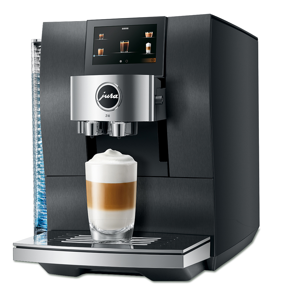 Fekete Jura Z10 kávéfőző, egy pohárban lévő lattéval.