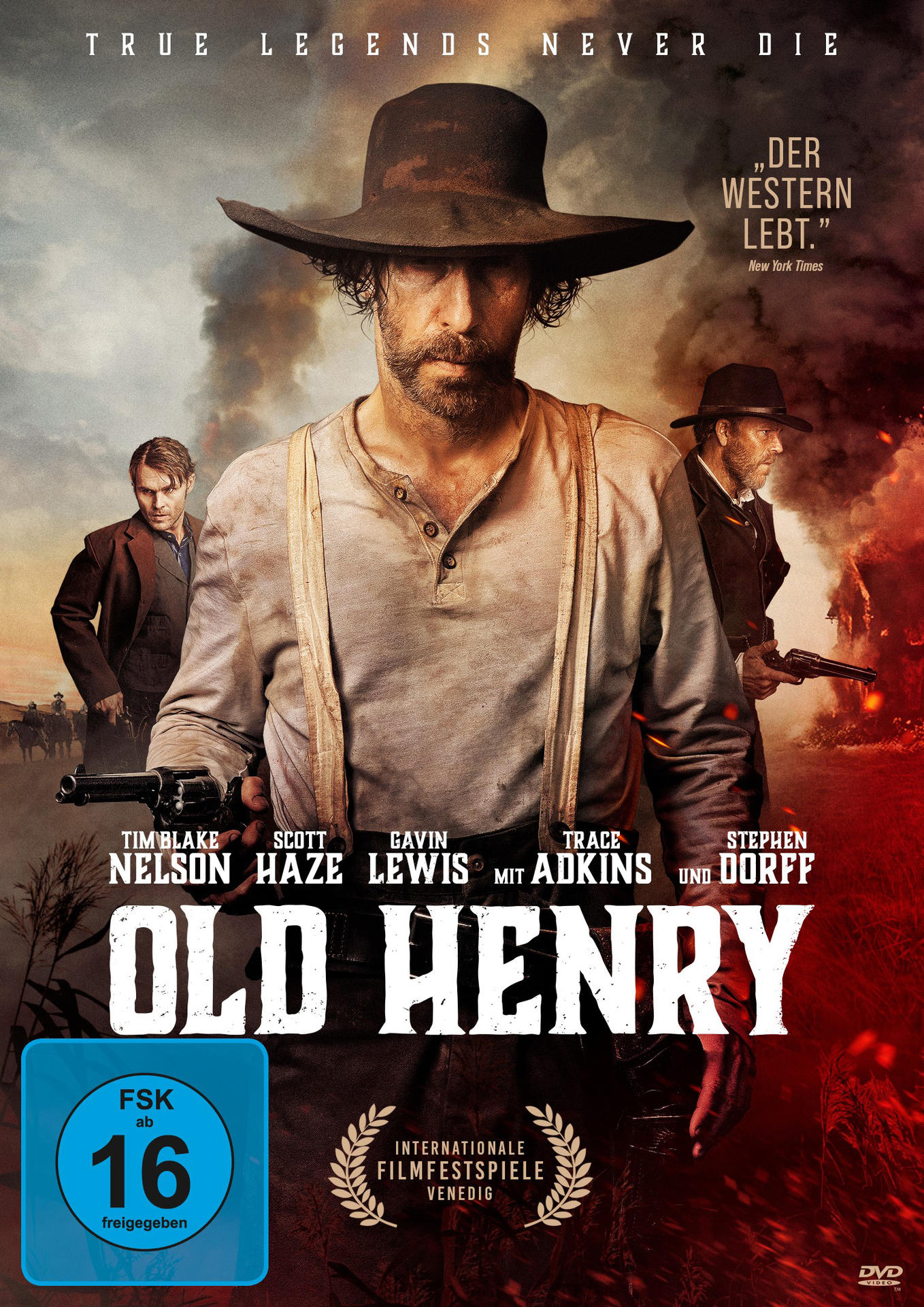Filmposter für 'Old Henry'. Zeigt einen Mann mit Bart und Hut, mit anderen Männern.