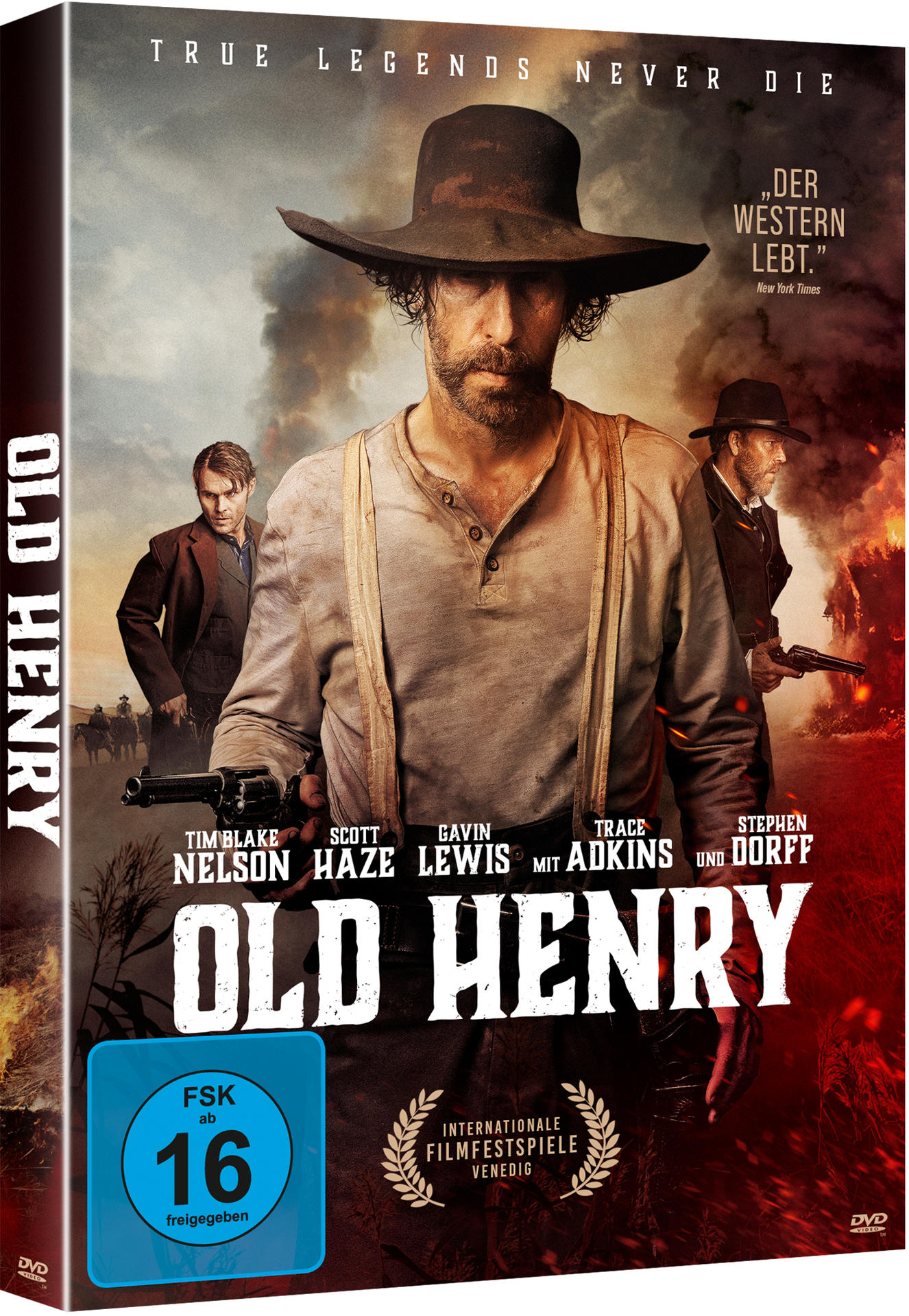 DVD-Hülle des Films 'Old Henry', mit einem Mann mit Hut, Waffen, anderen Figuren und Feuer.