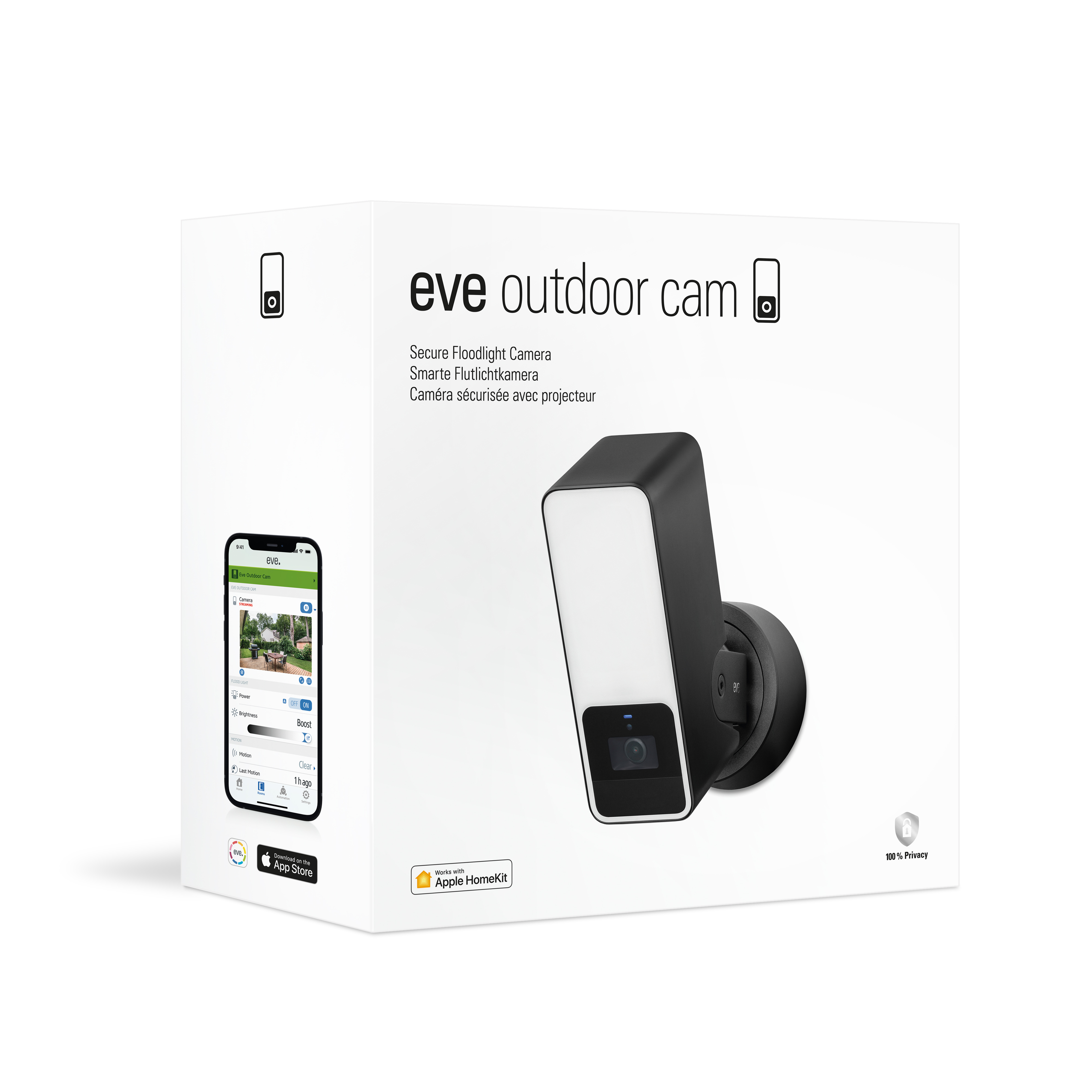Weiße Box mit schwarzer Outdoor-Sicherheitskamera. Smartphone zeigt App-Oberfläche.